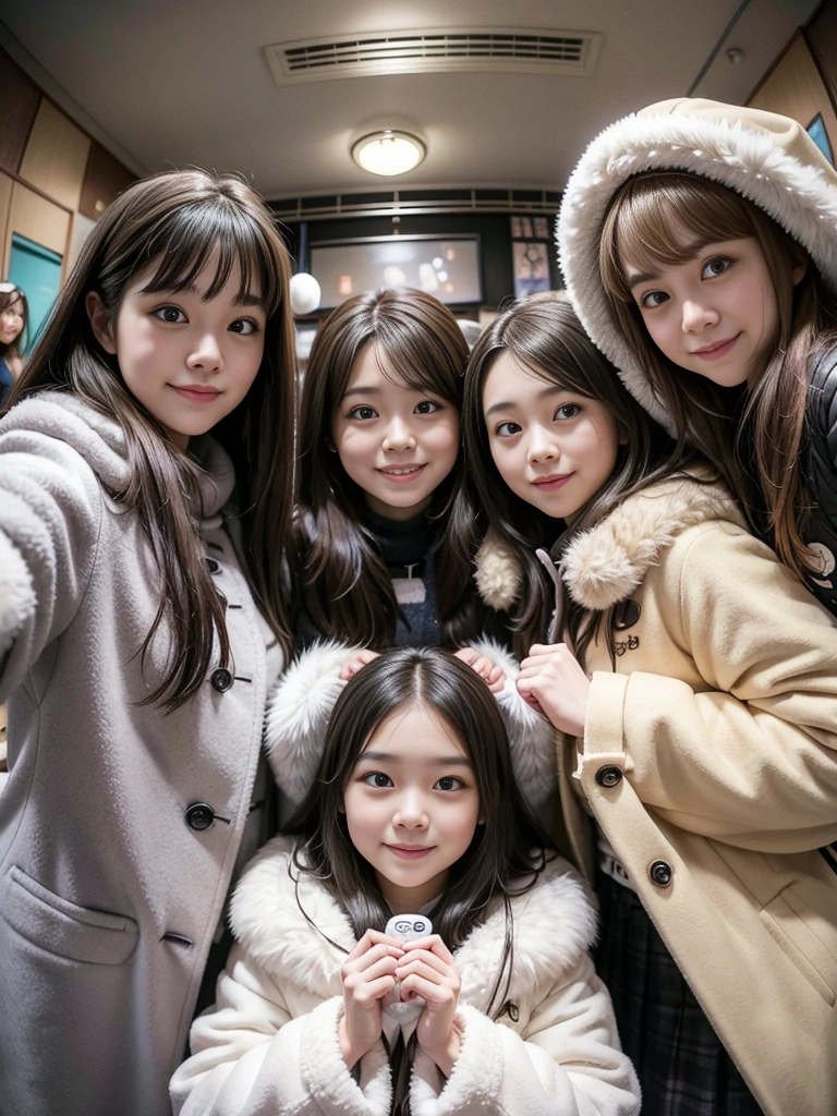 Feminine dressing room、Group photo of female college students、knit、fluffyの毛皮。fluffy。Three beautiful Japanese girls 、Outside in the middle of winter、Winter coat、Heavy coat、Fur Cape、Fur Cuffs、Selfie pose、Smiling and looking at the audience、Close-up of face、((Fisheye Lens))