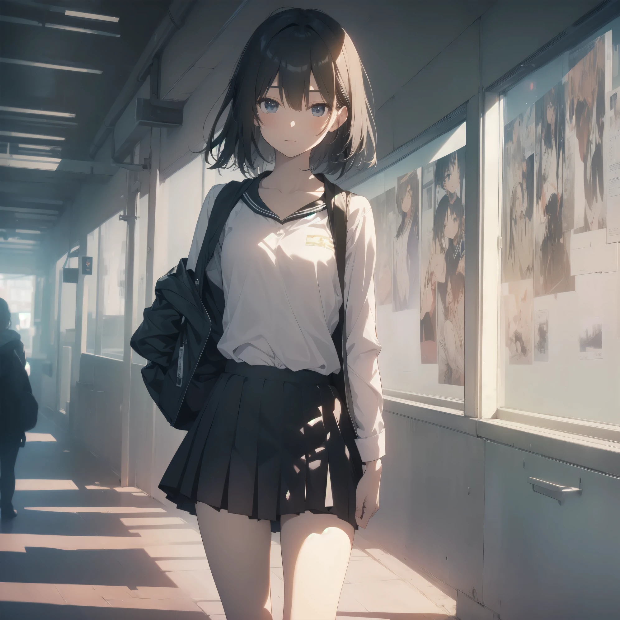 ultra-absurdres-Top quality by artist God, ultra-detailed, high resolution, anime moe artstyle, best anime 8k konachan wallpaper, pixiv contest winner, pool:2810, perfect anatomy,break, 1girl, (Please draw a girl walking sleepily to school alone. )break,(Solo,little female, 13-year-old:1.3),Full limbs, complete fingers,a junior high school student, (very short hair), short cut, flat chest, , small butt, small black eyes, beautiful detailed eyes, well-proportioned iris and pupils, expressive eyes, highres detailed hair, soft expression, salor school_uniform, sailor collar, serahuku, bow, pleated skirt,(Detailed Lighting), (Detailed background), in the School commute route. break,super detailed skin, Best cinematic lighting powered by famous artist, 8k,beauty illustration,photoshop_(medium),very aesthetic,break,((artist:kotorai )), artist:clamp ,artist:carnelian ,artist:kantoku ,