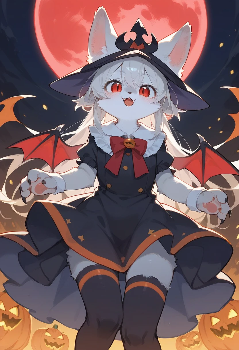 (epic, dynamic angle)top quality, best quality, High-quality illustrations, masterpiece, While creating a Halloween atmosphere, vampire with furry elements, (kemono, super cute girl, solo focus)(furry anthro)(highly detailed beautiful face and eyes)absurdres, perfect anatomy, Scene of a red full moon with a strong horror color,