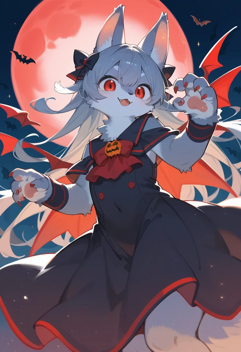 (epic, dynamic angle)top quality, best quality, High-quality illustrations, masterpiece, While creating a Halloween atmosphere, vampire with furry elements, (kemono, super cute girl, solo focus)(furry anthro)(highly detailed beautiful face and eyes)absurdres, perfect anatomy, Scene of a red full moon with a strong horror color,