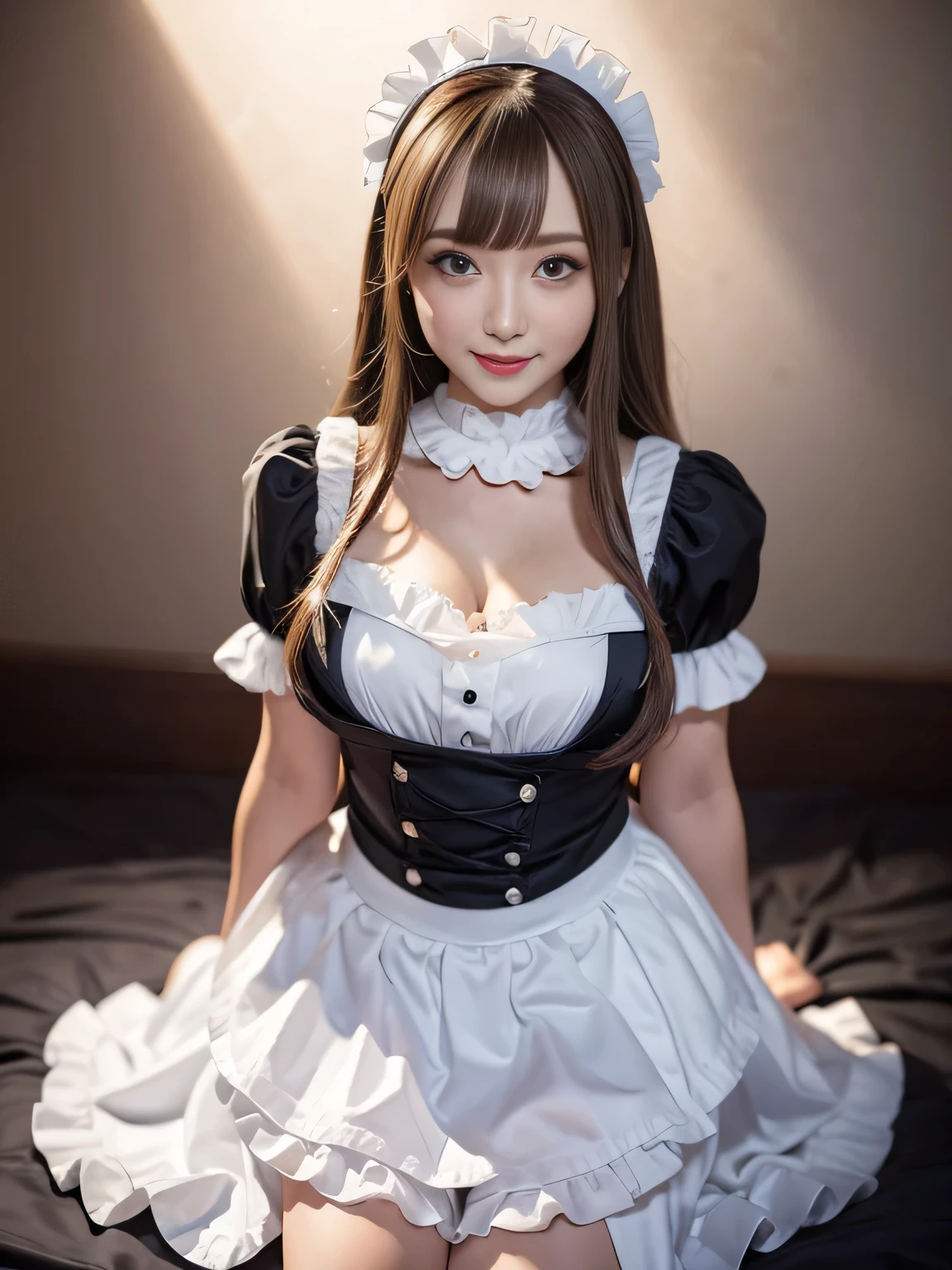 masterpiece、One girl per photo、Full Body Shot、Front view、Young and beautiful woman in Japan、Wearing a cute short-sleeved satin silver black maid outfit、With a big smile、White ruffled headband、White frilly apron、Black choker、Charming person、Very cute face、Glossy Lips、Sweaty body、Double eyelids on both eyes、 Natural Makeup、Long eyelashes、Long Bob Hair、Shiny and smooth light brown hair、Asymmetrical bangs、Sunburned skin、Center image、8k resolution、Advanced Details、Detailed hairstyle、Detailed face、Great cinema lighting、Octane Rendering、Vibrant、Ultra-realistic、Perfect limbs、Perfect Anatomy、Huge
