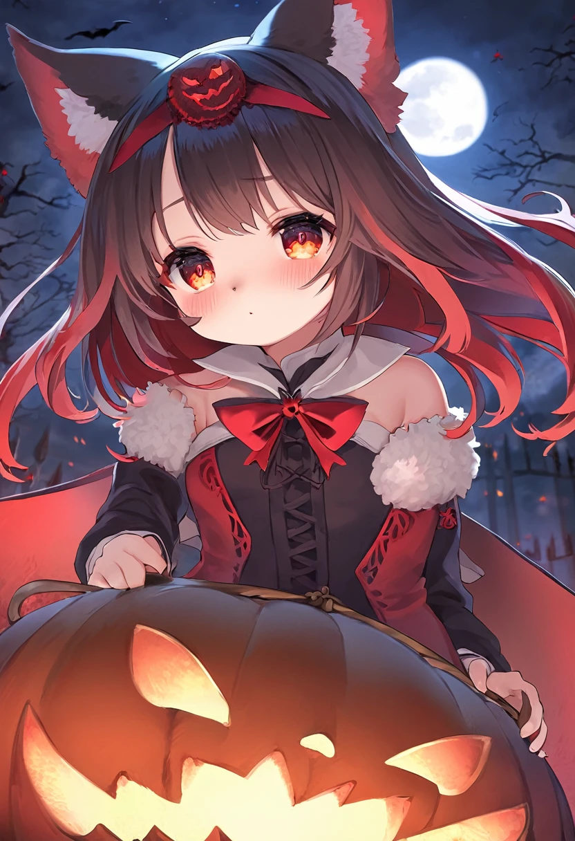 (epic, dynamic angle)top quality, best quality, High-quality illustrations, masterpiece, While creating a Halloween atmosphere, vampire with furry elements, (kemono, super cute girl, solo focus)(furry anthro)(highly detailed beautiful face and eyes)absurdres, perfect anatomy, Scene of a red full moon with a strong horror color,