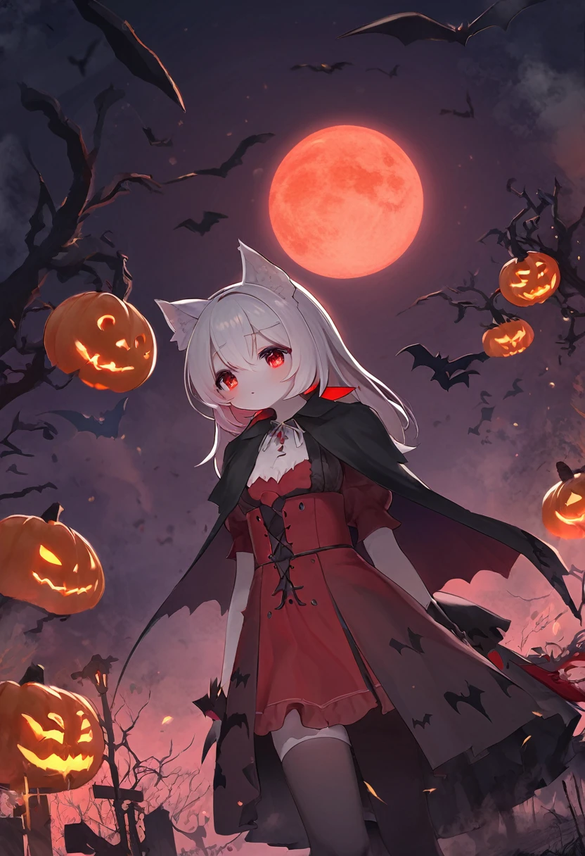 (epic, dynamic angle)top quality, best quality, High-quality illustrations, masterpiece, While creating a Halloween atmosphere, vampire with furry elements, (kemono, super cute girl, solo focus)(furry anthro)(highly detailed beautiful face and eyes)absurdres, perfect anatomy, Scene of a red full moon with a strong horror color,