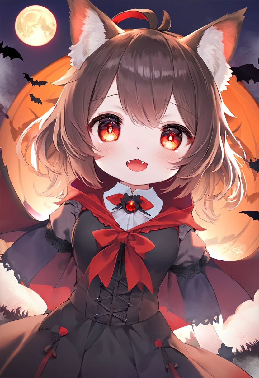 (epic, dynamic angle)top quality, best quality, High-quality illustrations, masterpiece, While creating a Halloween atmosphere, vampire with furry elements, (kemono, super cute girl, solo focus)(furry anthro)(highly detailed beautiful face and eyes)absurdres, perfect anatomy, Scene of a red full moon with a strong horror color,