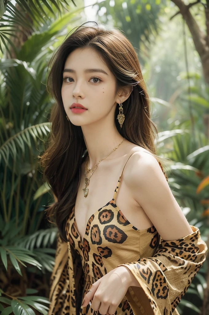 (((best quality))),(((ultra detailed))),(((masterpiece))),illustration,((1 beautiful girl,solo)),(shoulder length messy hair:1.2),((Beast bone earrings and necklace)),((slim,thin)),((small breasts,flat chest)),(slender legs:1.2),fair complexion,(leopard print dress:1.3),seductive,wild spirit,lush forest,primitive,tall trees,green canopy, sunlight filter,scent of earth,bird chirping,small creatures,secluded spot,captivating,enigmatic,raw energy,untamed spirit,morden day Eve,Garden of Eden,playful,adventurous,striking appearance,exotic setting,summertime,heat,humidity,vibrant colours,endless possibilities,exquisite detail,expansive wilderness,feminine allure,((from front,upper body))