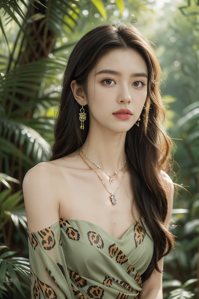(((best quality))),(((ultra detailed))),(((masterpiece))),illustration,((1 beautiful girl,solo)),(shoulder length messy hair:1.2),((Beast bone earrings and necklace)),((slim,thin)),((small breasts,flat chest)),(slender legs:1.2),fair complexion,(leopard print dress:1.3),seductive,wild spirit,lush forest,primitive,tall trees,green canopy, sunlight filter,scent of earth,bird chirping,small creatures,secluded spot,captivating,enigmatic,raw energy,untamed spirit,morden day Eve,Garden of Eden,playful,adventurous,striking appearance,exotic setting,summertime,heat,humidity,vibrant colours,endless possibilities,exquisite detail,expansive wilderness,feminine allure,((from front,upper body))