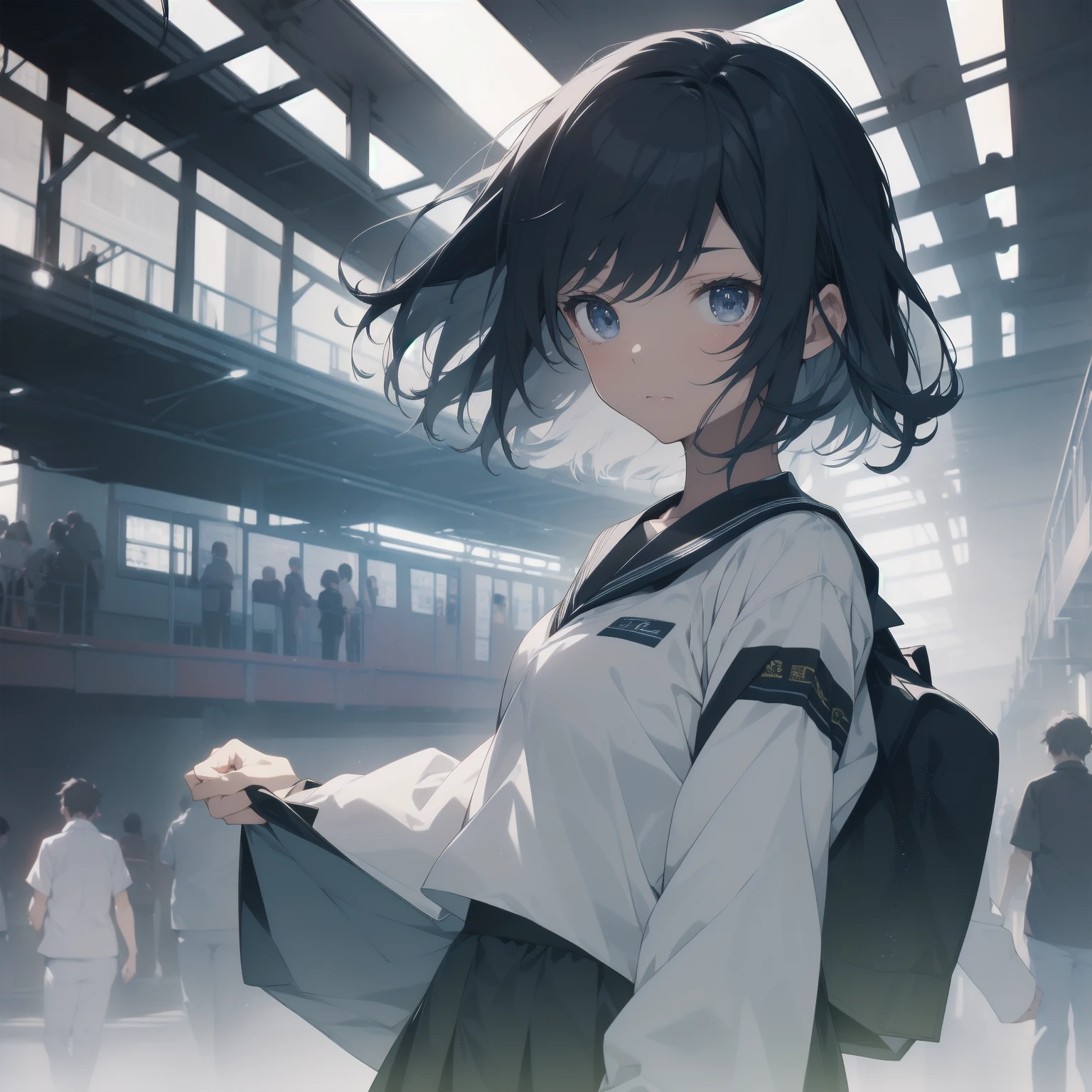 ultra-absurdres-Top quality by artist God, ultra-detailed, high resolution, anime moe artstyle, best anime 8k konachan wallpaper, pixiv contest winner, pool:2810, perfect anatomy,break, 1girl, (Please draw a girl walking sleepily to school alone. )break,(Solo,little female, 13-year-old:1.3),Full limbs, complete fingers,a junior high school student, (very short hair), short cut, flat chest, , small butt, small black eyes, beautiful detailed eyes, well-proportioned iris and pupils, expressive eyes, highres detailed hair, soft expression, salor school_uniform, sailor collar, serahuku, bow, pleated skirt,(Detailed Lighting), (Detailed background), in the School commute route. break,super detailed skin, Best cinematic lighting powered by famous artist, 8k,beauty illustration,photoshop_(medium),very aesthetic,break,((artist:kotorai )), artist:clamp ,artist:carnelian ,artist:kantoku ,