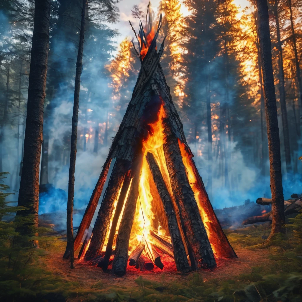 a bonfire camping wood flying through the air cone shape The color gradates from blue mix red on the outside to golden yellow in the center. In the midst of the flames, the shape of a face with eyes and a mouth could be vaguely seen unreal engine style realistic background is in the forest behind many tall trees with a sparkling fire light effect