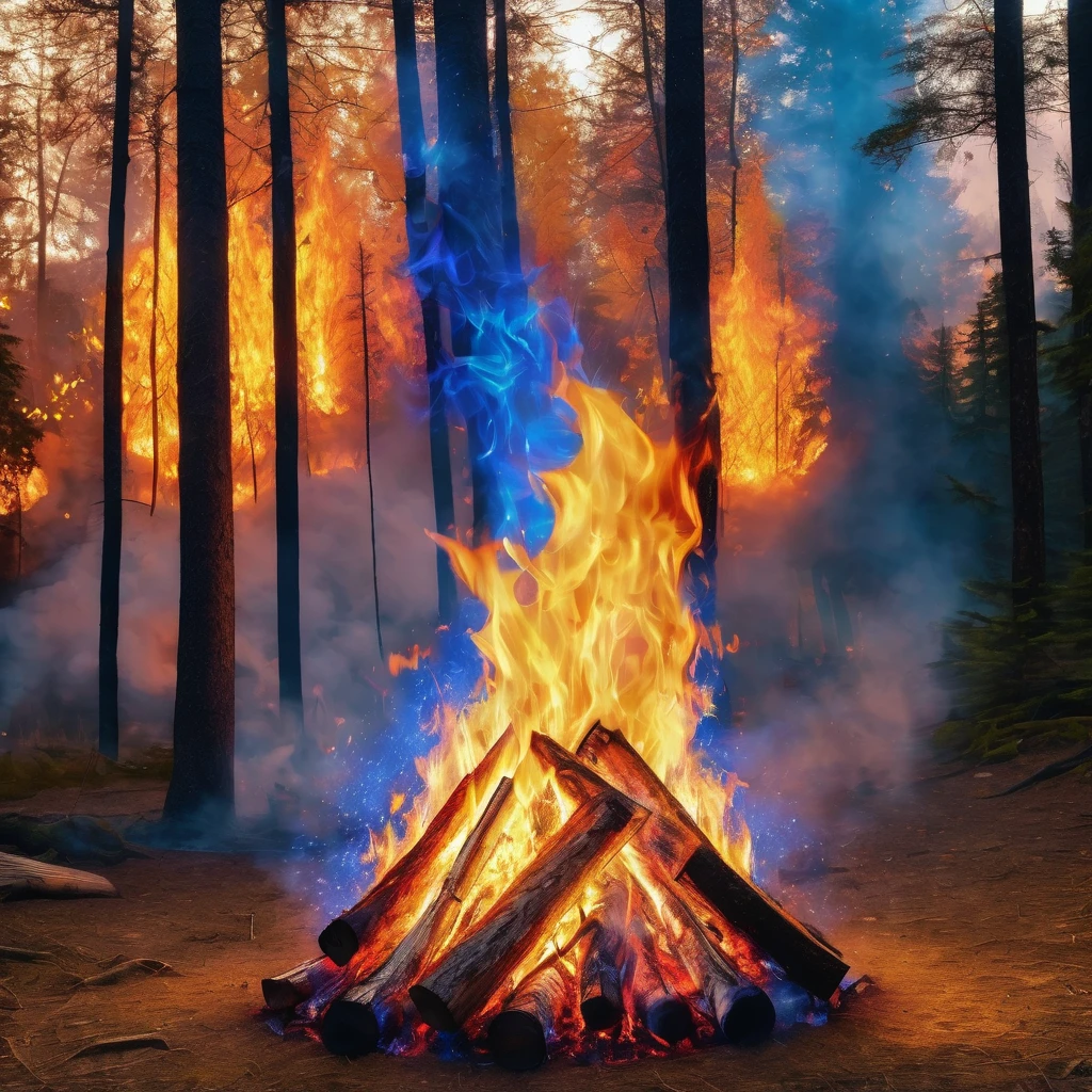 a bonfire camping wood flying through the air cone shape The color gradates from blue mix red on the outside to golden yellow in the center. In the midst of the flames, the shape of a face with eyes and a mouth could be vaguely seen unreal engine style realistic background is in the forest behind many tall trees with a sparkling fire light effect