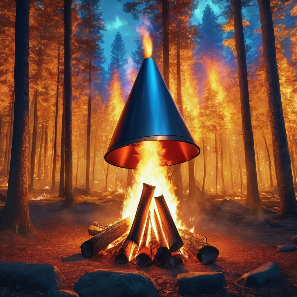 a bonfire camping wood flying through the air cone shape The color gradates from blue mix red on the outside to golden yellow in the center. In the midst of the flames, the shape of a face with eyes and a mouth could be vaguely seen unreal engine style realistic background is in the forest behind many tall trees with a sparkling fire light effect