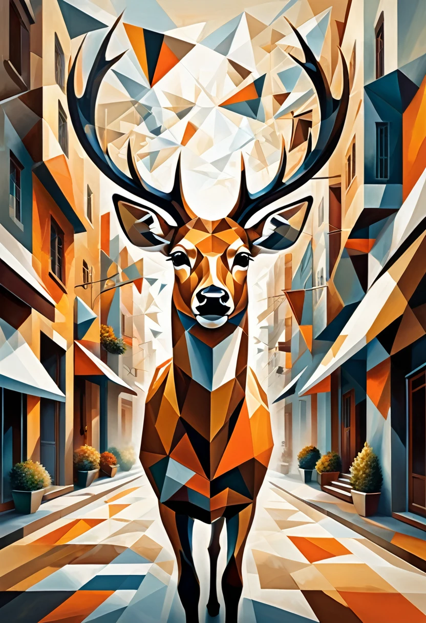 "Visualize a cubist interpretation of a deer head, floating through the sky above a lively and dynamic street. Decompose the shape of the deer head into geometric shapes and fragmented planes, To capture its movement and energy in a unique and abstract way. Integrate strong brown, orange and white colors and sharp angles, to convey a feeling of movement and tension. Play with perspective and layering, to create a multidimensional composition, which questions traditional notions of space and form. Be inspired by the avant-garde spirit of Cubism and see nature in a fresh and innovative light.. Unleash your creativity, as you bring this imaginative scene to life on the screen