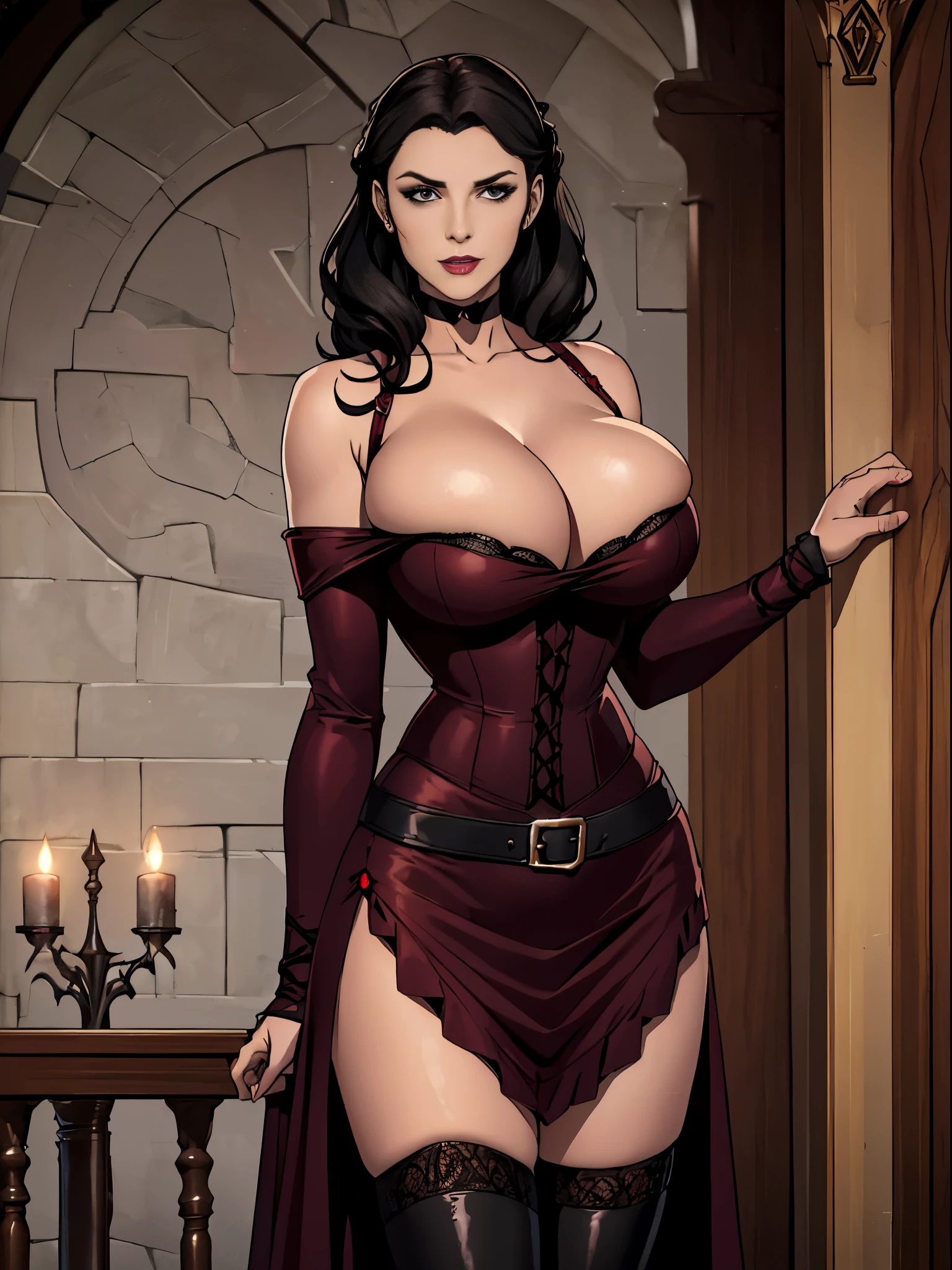 (masterpiece, top quality, best quality, official art, beautiful and aesthetic:1.2), (1girl:1.3), long and curly dark brown hair, ((extravagant updo)), Victorian style, extremely detailed, portrait, looking at viewer, solo, (full body:0.6), detailed background, close up, mischievous eyes, (cold midnight castle theme:1.1), extremely busty vampire, long fangs, blood on chin, huge lips, charlatan, smirk, mysterious, being seductive on a balcony, revealing gothic dress, lace, extremely tight bodice, black attire, red skirts, off shoulder, long sleeves, loose sleeves, black leather, cloak, corset, black dress, fishnets, thigh high black boots, buckles, straps, pouches, glowing blood magic energy, dark red fabric, silver trim, black leather, gigantic breasts, cleavage, skindentation, slim waist, slim hips, long legs, medieval (gothic castle exterior:1.1) background, nighttime, dark mysterious lighting, shadows, magical atmosphere, dutch angle