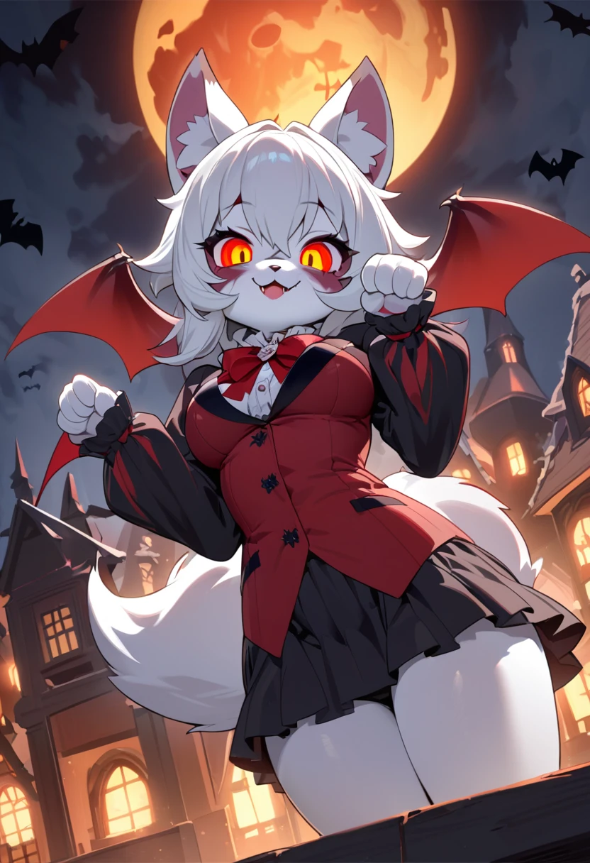 (epic, dynamic angle)top quality, best quality, High-quality illustrations, masterpiece, While creating a Halloween atmosphere, vampire with furry elements, (kemono, super cute girl, solo focus)(furry anthro)(highly detailed beautiful face and eyes)absurdres, perfect anatomy, Scene of a red full moon with a strong horror color,