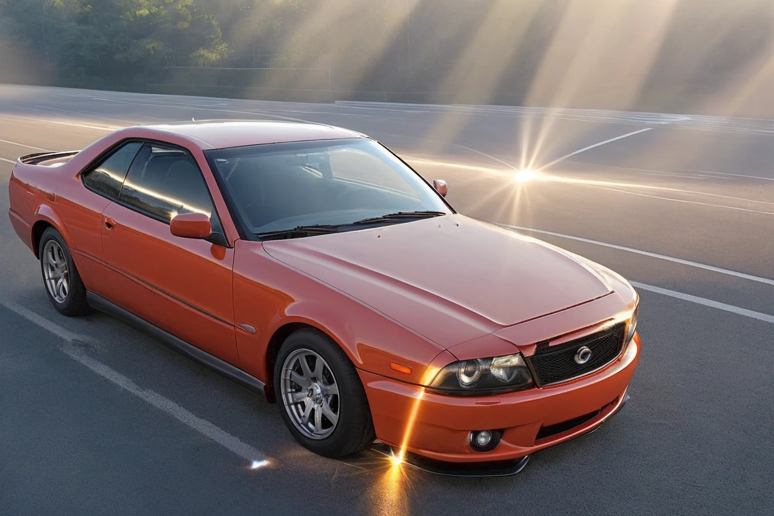 Best quality capture of a car drifting on asphalt while being shined by sunrays. The picture is taken from afar
