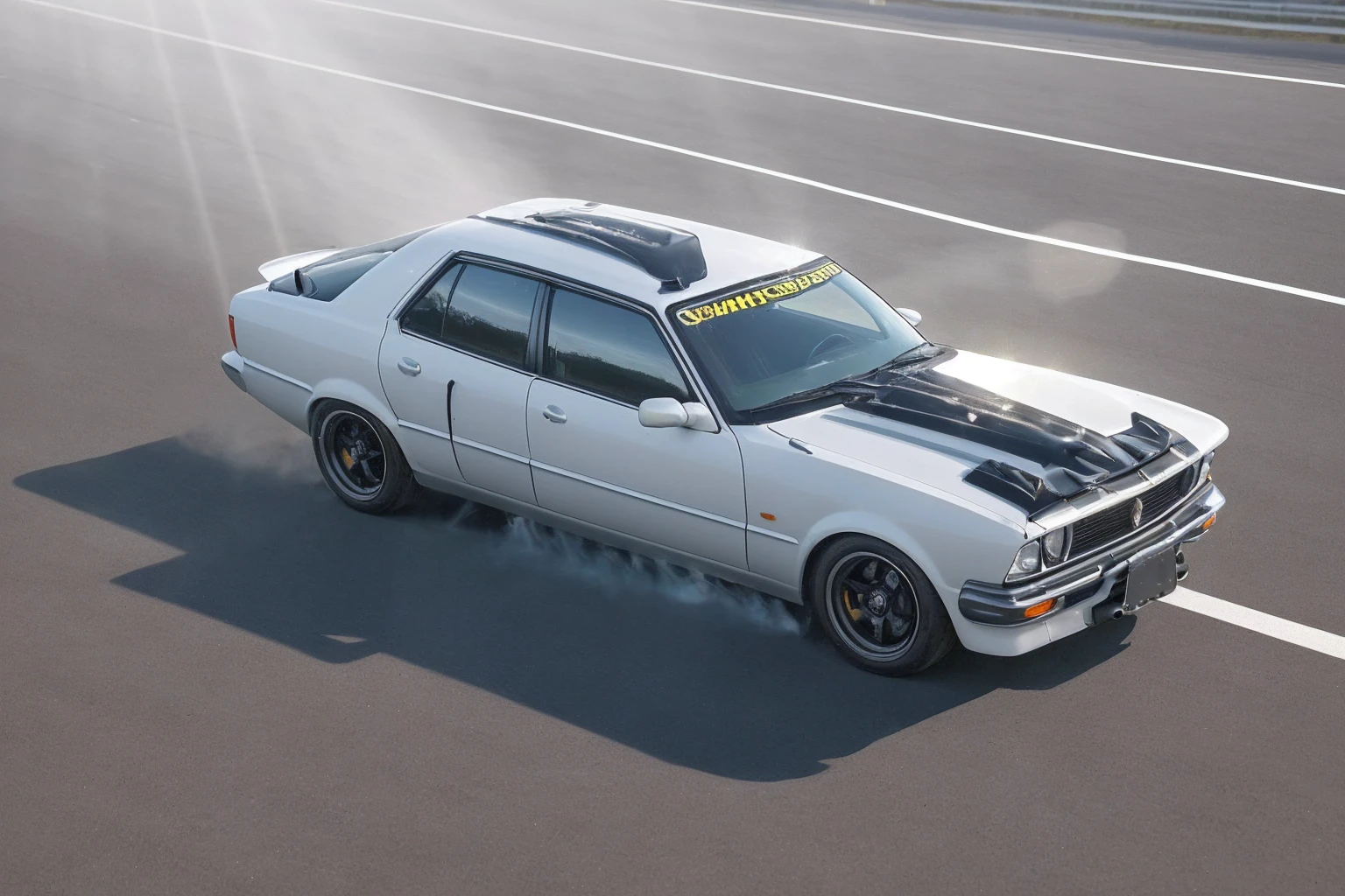 Best quality capture of a car drifting on asphalt while being shined by sunrays. The picture is taken from afar