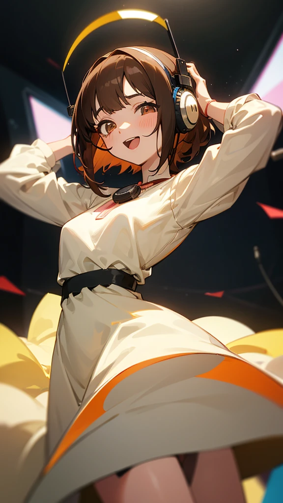 One girl, Brown Hair, Medium Hair, Textured skin, chest, Open your mouth, Bright Eyes, happiness/joy, Simple Background, Headphones worn behind the head, Anime Bangs, Minimalist, Dress up、Hair that hides one eye, Radio broadcaster、Stand microphone、studio


