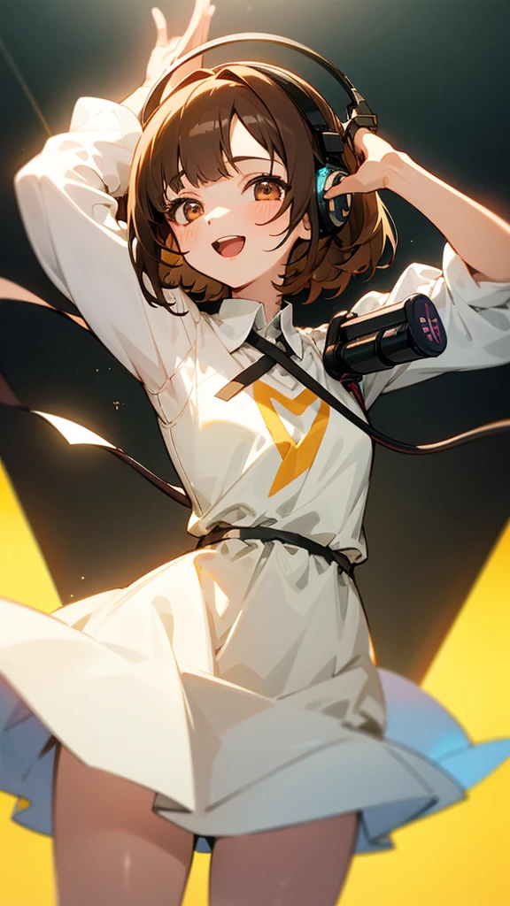 One girl, Brown Hair, Medium Hair, Textured skin, chest, Open your mouth, Bright Eyes, happiness/joy, Simple Background, Headphones worn behind the head, Anime Bangs, Minimalist, Dress up、Hair that hides one eye, Radio broadcaster、Stand microphone、studio