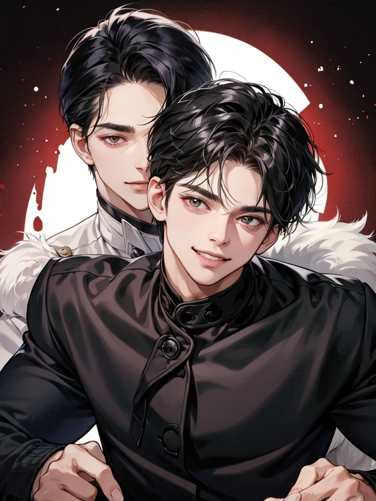Two men, black hair, lover, simple background, Sweet Face, bright eyes, evil smile, seductive smile, 