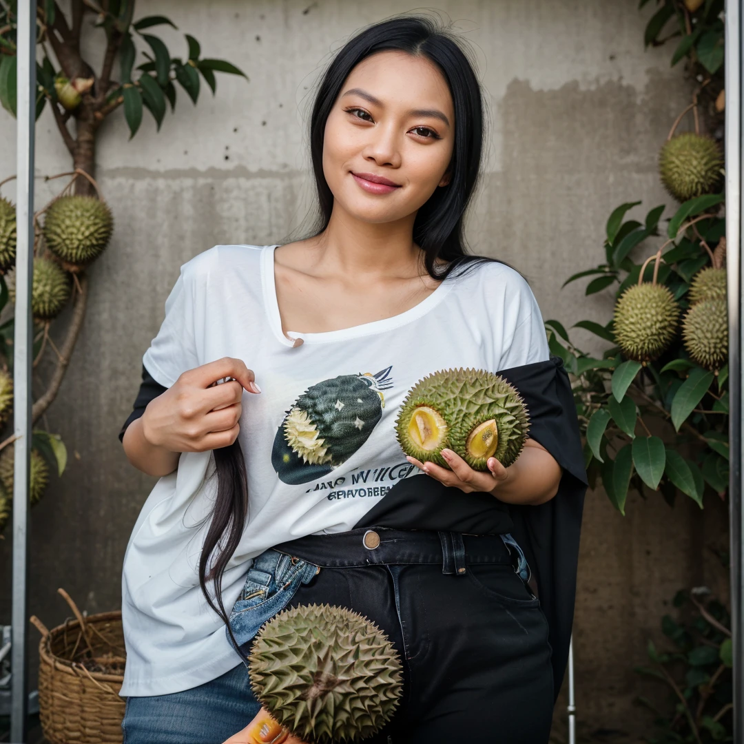 A picture of a beautiful indonesian women, round face, cymmetric eyes, flowing long black hair, wears polite t-shirt and jeans, she is a farmer, was eating durian, his mouth and hands were dirty with durian fruit, very happy that his durian orchard has produced a good crop this year, he flesh of durian is rich and sweet with a best aroma, the images are extremely detailed and very sharp, super realistic, his face was perfect and showed happiness and contentment, very detailed, best photography, masterpiece, image is very beautiful, very real