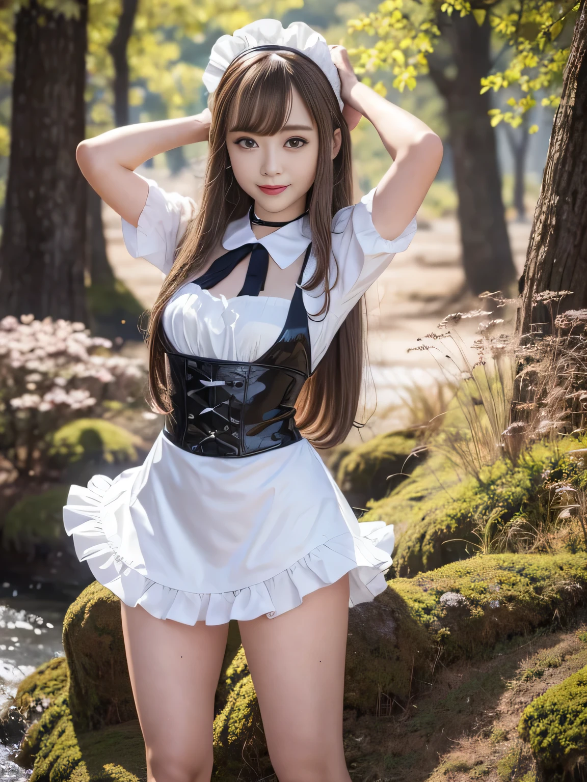 masterpiece、One girl per photo、Full Body Shot、Front view、Young and beautiful woman in Japan、Wearing a cute short-sleeved satin silver black maid outfit、With a big smile、White ruffled headband、White frilly apron、Black choker、Charming person、Very cute face、Glossy Lips、Sweaty body、Double eyelids on both eyes、 Natural Makeup、Long eyelashes、Long Bob Hair、Shiny and smooth light brown hair、Asymmetrical bangs、Sunburned skin、Center image、8k resolution、Advanced Details、Detailed hairstyle、Detailed face、Great cinema lighting、Octane Rendering、Vibrant、Ultra-realistic、Perfect limbs、Perfect Anatomy、Huge