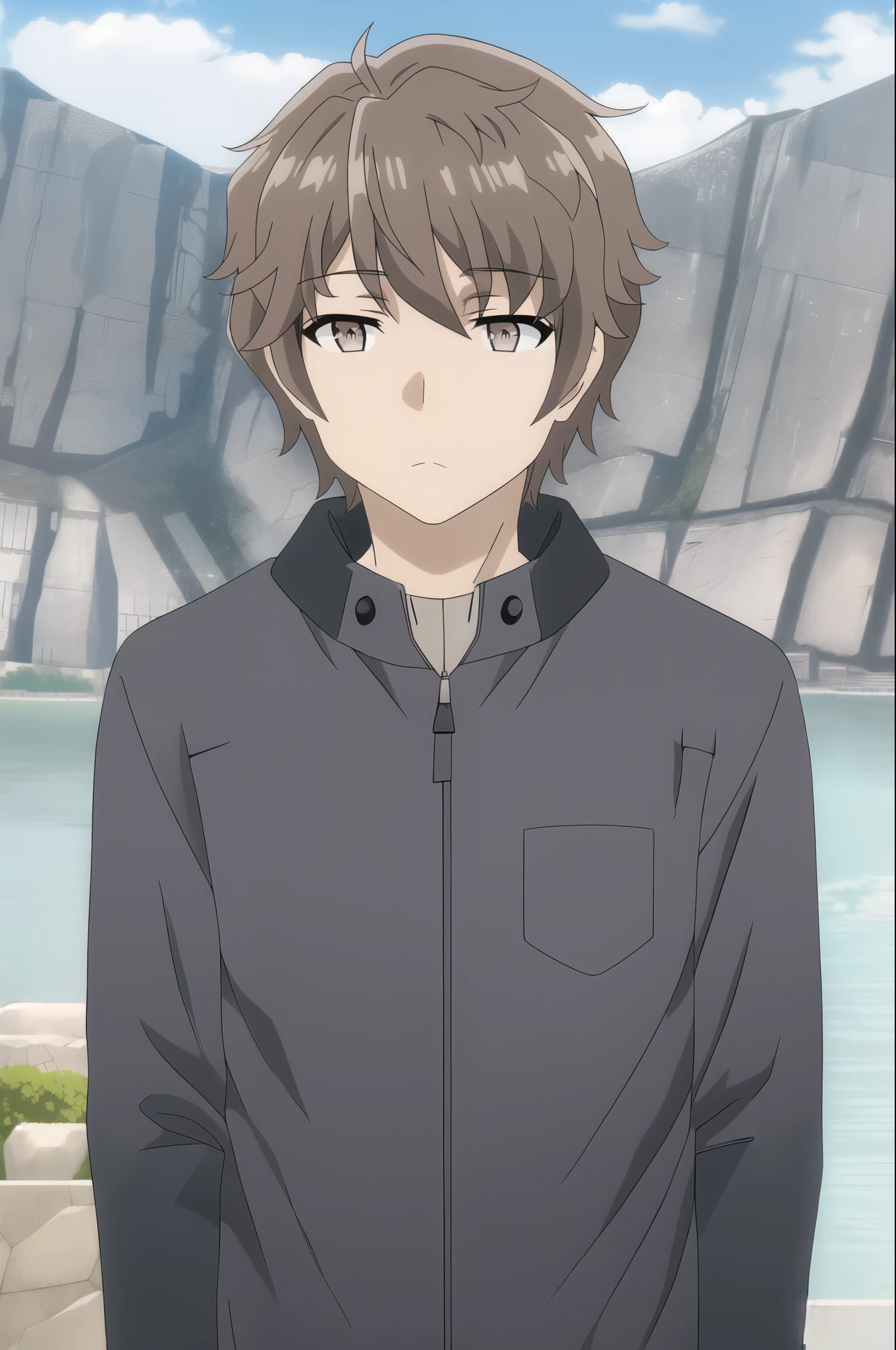 azusagawa sakuta, 1boy, male focus, solo, brown hair, brown eyes, upper body, looking at viewer, cloud, blue sky, closed mouth, black coat, outdoors, long sleeves, hood down,