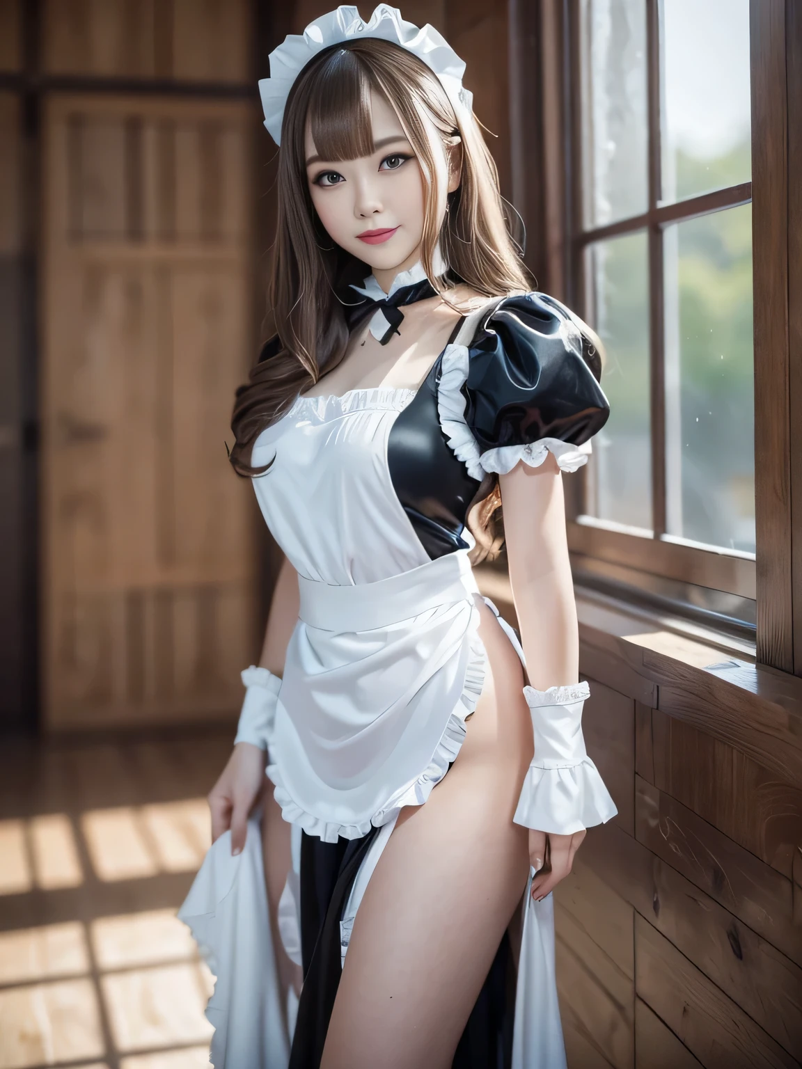 masterpiece、One girl per photo、Full Body Shot、Front view、Young and beautiful woman in Japan、Wearing a cute short-sleeved satin silver black maid outfit、With a big smile、White ruffled headband、White frilly apron、Black Choker、Charming person、Very cute face、Glossy Lips、Body covered in sweat、Double eyelids on both eyes、 Natural Makeup、Long eyelashes、Long Bob Hair、Shiny and smooth light brown hair、Asymmetrical bangs、Sunburned skin、Center image、8k resolution、Advanced Details、Detailed hairstyle、Detailed face、Great cinema lighting、Octane Rendering、Vibrant、Ultra-realistic、Perfect limbs、Perfect Anatomy、Huge
