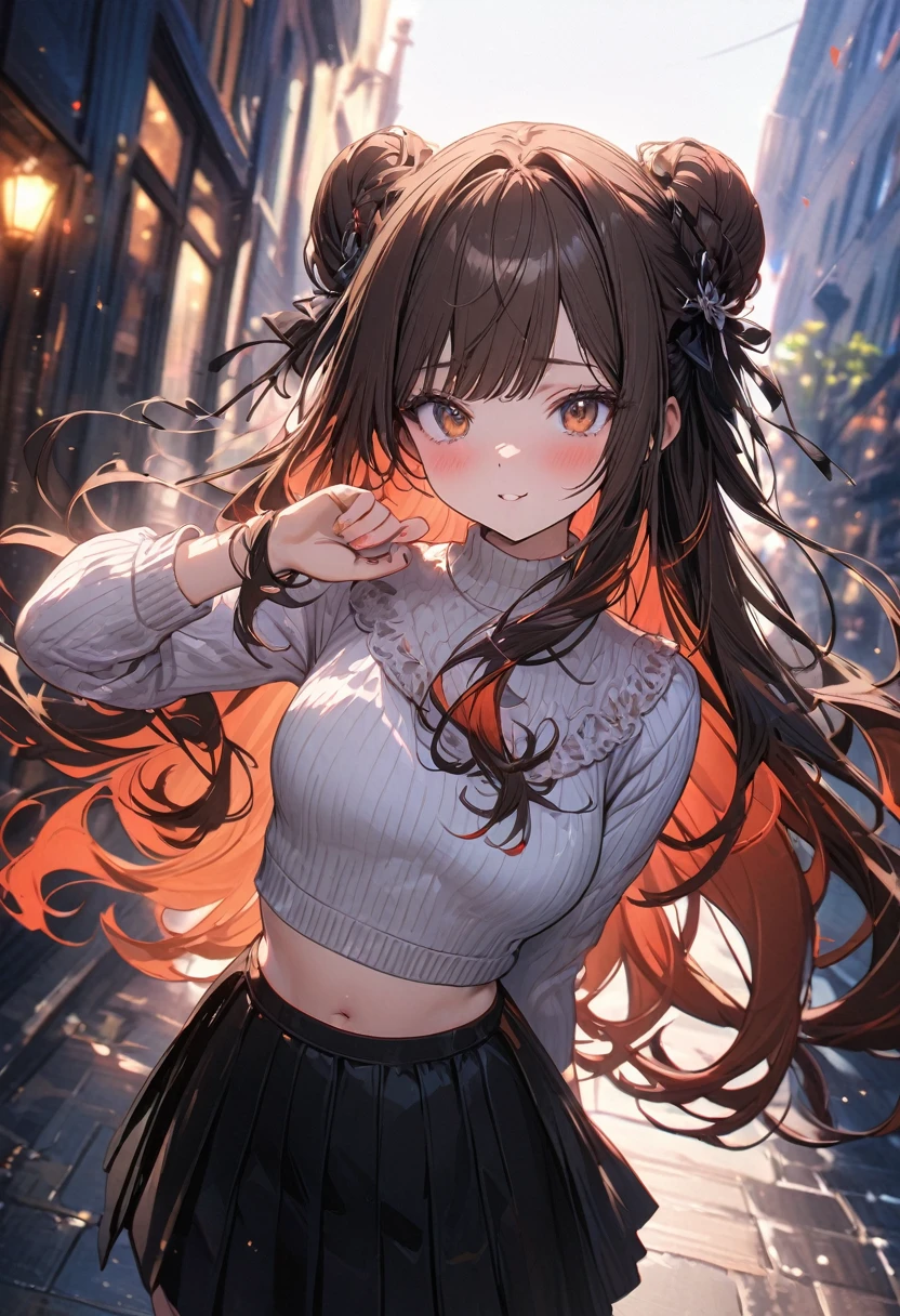 (masterpiece), best quality, very aesthetic, newest, absurdres, detailed, high quality
BREAK
highest quality, top quality, details, highres, ultra fine painting, digital art, official art, splash art, cinematic, 4k, 8k resolution, 8K CG wallpaper, original artwork, detailed background, blue atmosphere, High Dynamic Range, blurry background, blue hour, Starburst effects, crepuscular rays, good ISO, high resolution, wide shot, from far away, RAW photo, POV, sharp focus, light reflection, reflections, intricate details, soft light, particle noise, professional photography, bokeh, depth of field, studio lighting, vibrant colors, detailed lights and shadows, stylish, ultra-detailed, top rated on Pixiv, trending on Artstation, niji style, modern-days, master crafted, pose
BREAK
solo, (close up), 1girl, pale skin, correct fingers, detailed hand, (medium breasts:1.2), big thighs, small torso, short body, flushtered, blush, anxious expression, embarassed, embarassed act, casual, slim, ((cute, childlike face):1.3), nice body, nice hips, brown hair, (very long flowing hair, 2 buns hairstyle), long bangs, long hair, middle hair bangs, brown eyes
BREAK
(white cropped puffy sweater, tummy skin, belly button, short pleated skirt, casual style, playful)
BREAK
Indoors apartment background