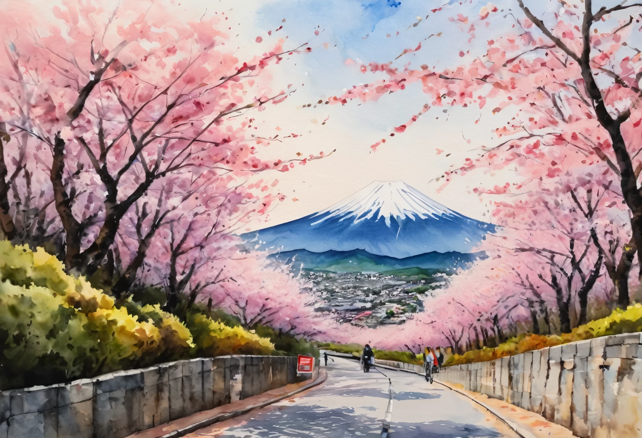 (Cherry blossom And Street:1.5), (ink and watercolor painting:1.5), (Tasteful:1.5), (ink and watercolor painting:1.5), (full color:1.5), 8k, 4k, (landscapes:1.5),(cherry blossom trees:1.5),(wind:1.5),(flying cherry blossom petals:1.5),(cherry blossom street:1.5),(mountain road:1.5),(kyoto:1.5),(lots of people on street:1.5),(pink theme:1.5),(Burning Yuru:1.5),mount fuji in background 