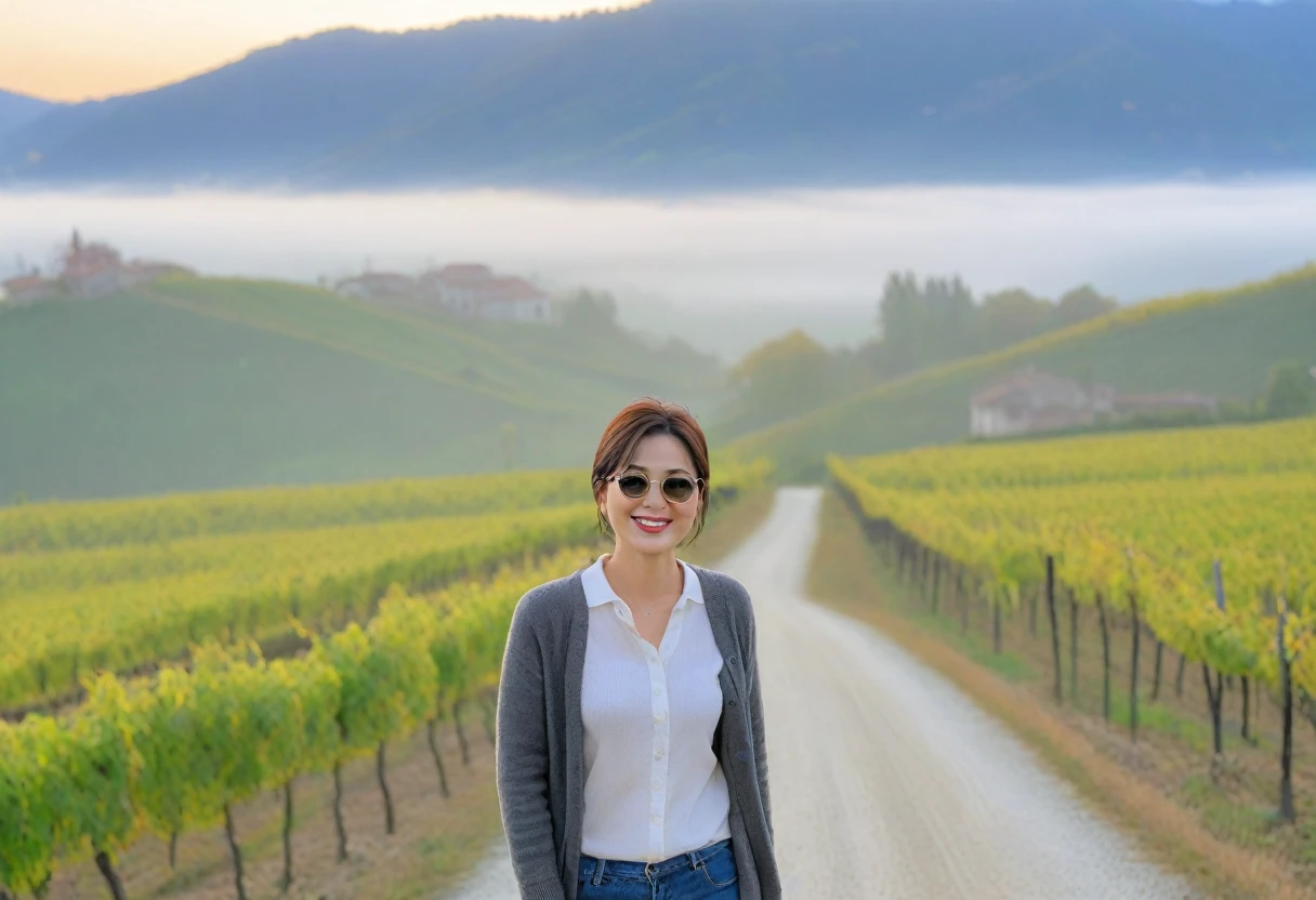 8k best picture quality, Beautiful 36-year-old Korean woman, Chest size 34 inches, Dawn in the early autumn countryside in northern Italy, View of the cathedral next to the vineyards, The back background is realistic and vivid quality., short medium hair, shirts and cardigans, Wear casual pants, Smile slightly. the background is clear, look up to the side., Looking at vineyards covered in thick fog from a hillside road, Wearing thick horn-rimmed sunglasses, sunglasses with thick rims