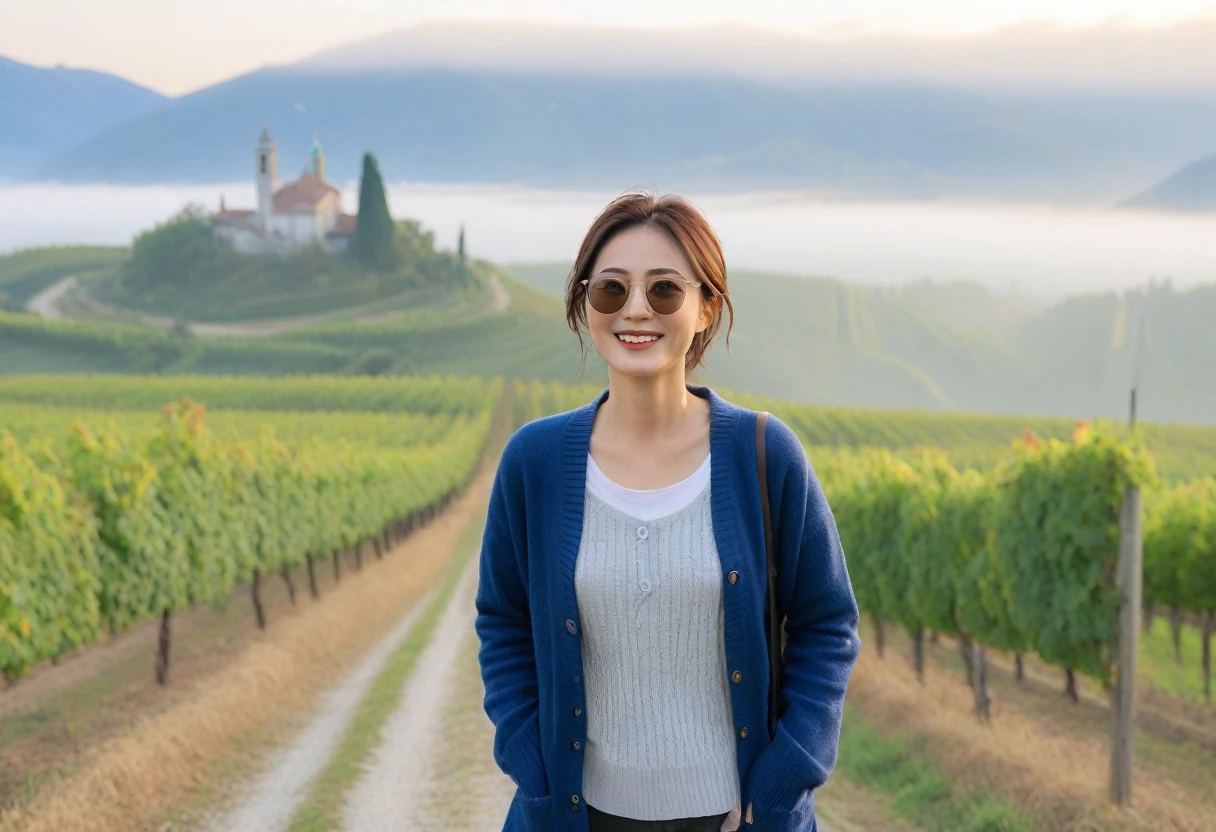 8k best picture quality, Beautiful 36-year-old Korean woman, Chest size 34 inches, Dawn in the early autumn countryside in northern Italy, View of the cathedral next to the vineyards, The back background is realistic and vivid quality., short medium hair, shirts and cardigans, Wear casual pants, Smile slightly. the background is clear, look up to the side., Looking at vineyards covered in thick fog from a hillside road, Wearing thick horn-rimmed sunglasses, sunglasses with thick rims