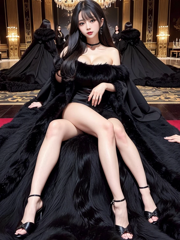 fluffy。fluffyの毛皮。Luxurious black fur。Woman in luxurious dress。Fur Cape。Four women。Watching the audience。Fairytale room。Fluffy carpet。Fisheye Lens