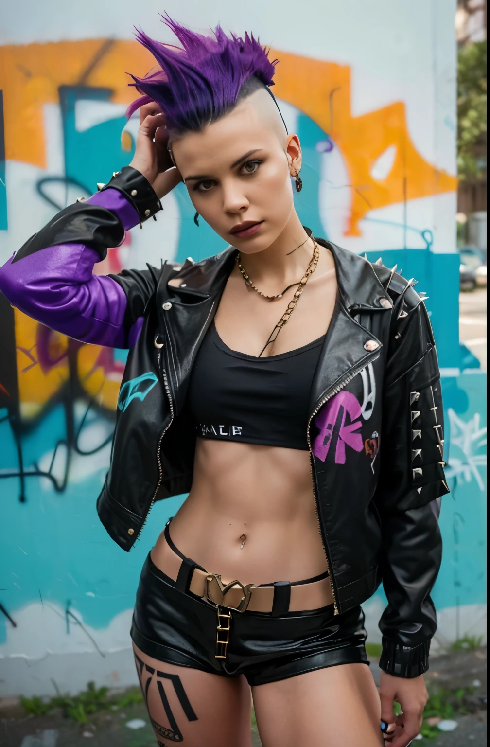 (Artwork, best quality:1.2), 1 girl ,intrincately detailed, "Punk Girl", in dynamic pose, ((spiky mohawk hair, purple punk hair, wearing a black jacket, chains, Rocket style, tatuados , hot body, abdomen)) . Shallow depth of field, vignette, highy detailed, high budget, bokeh, cinemascope, temperamental, epic, marvelous, film grain, grainy. ((Abandoned Graffiti Wall Background, cinematic lighting )).