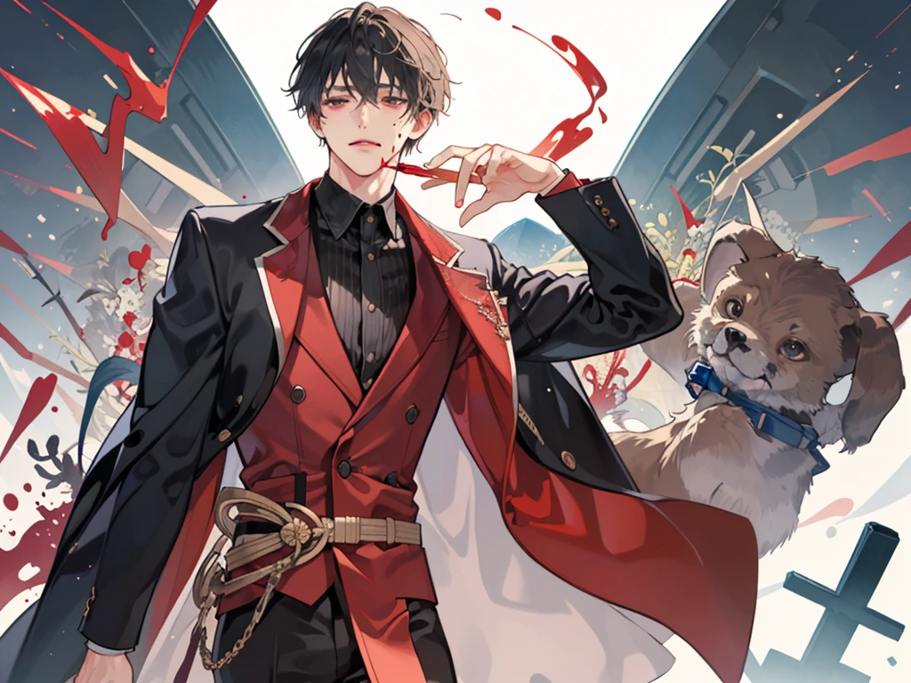 1 boy,((alone)),adult ,suit、blood、Hold your mouth with your hands、impatience