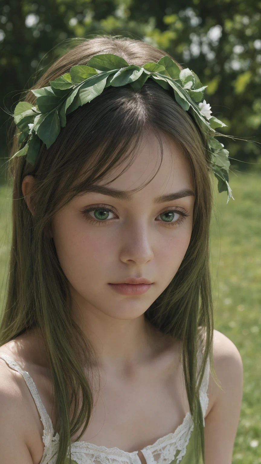 a girl. face sent feeling. Europe. Oval face. long face. delicate facial features. half-closed eyes. seductively seductive. green eyes. long straight hair. green hair. wreath on head. Sad. shy. green silk nightgown. shy sitting posture. straight face. outdoor