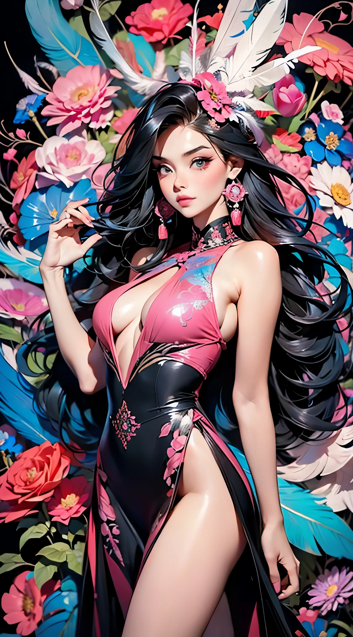 erjie, girl in a fluid and dynamic pose, wearing a loose, flowing pink dress, mysterious expression, curly black and pink hair, [Zhang Ziyi|Aishwarya Rai], in a modern and abstract setting, with bold and colorful abstract art, blurred background, bright lighting, official art, unity 8k wallpaper, (zentangle, mandala, tangle, entangle), intricate clothes,zhongfenghua (full body,from everywhere,masterpiece, top quality, best quality, official art, beautiful and aesthetic:1.2), extremely detailed,(fractal art:1.1),(colorful:1.1)(flowers:1.3),highest detailed,(zentangle:1.2), (dynamic pose), (abstract background:1.3), (shiny skin), (many colors:1.4), (feathers:1.5), dynamic angle, the most beautiful form of chaos, elegant, a brutalist designed, vivid colours, romanticism,