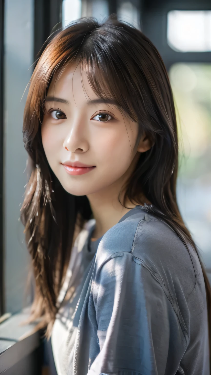 Japan Girl,beautiful girlfriend,a beauty,Raw foto,8K,morning sun lighting,Gray T-shirt and jeans miniskirt,Smooth long hair,A dark-haired,A detailed face,Detailed skin,Detailed eyes,(Slim body:1.3), girl in,About 23 years old,smile,