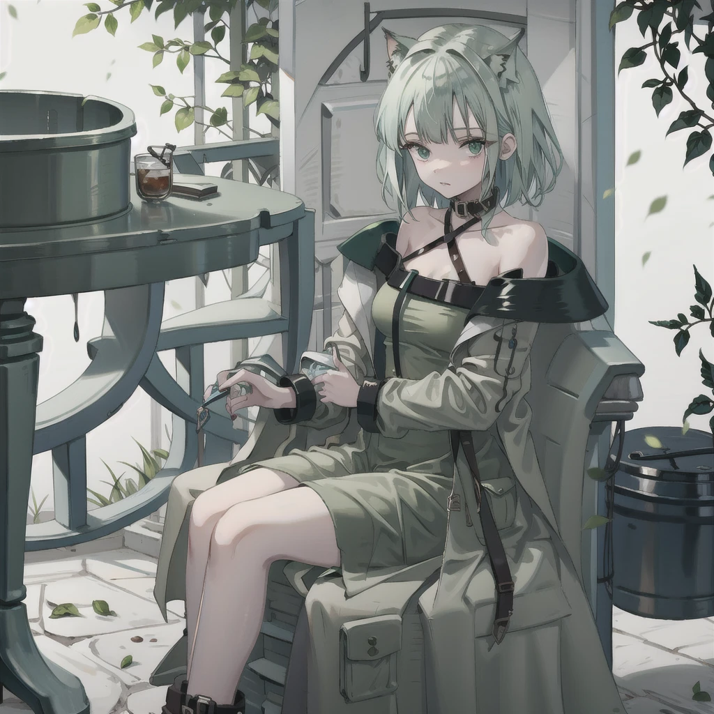 Sitting,green hair