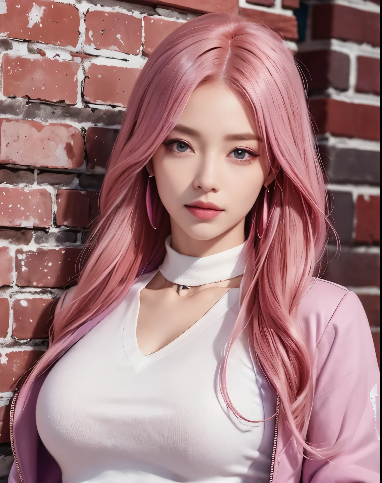 (masterpiece, best quality, 1 woman, alone, intricate details, chromatic aberration), realistic, ((middle breath)),long hair, pink hair, red headdress, pink highlights, hair above one eye,purple eyes, earring, piercer, choker, neon shirt, open jacket, cropped turtleneck sweater,open waist,(perfectly symmetrical body),on the wall, brick wall, Doodle, dim lighting, alley ,look at the viewer