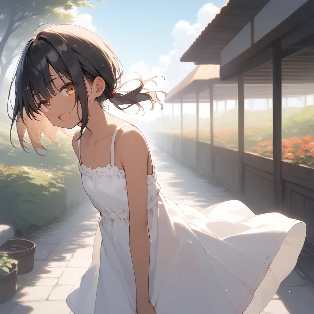 score_9, score_8_up, score_7_up, source_anime, best quality, masterpiece, official art, absurdres, highres, ultra-detailed,waifu2x,Collection: Slice of Life,break,1girl, tomboy, dark-skinned female, short hair, low ponytail, flat chest, beautiful detailed eyes, sundress, sun hut, sweat, open mouth, (yawn:0.3), sleepily, outdoors, park, wind,break,(clear line illustration:1.2), super detailed skin,very high resolution, very aesthetic, Best sexual lighting powered by famous artist, 8k,cute picture,beauty illustration,photoshop_(medium),,(Detailed Lighting),best anime 8k konachan wallpaper, pixiv contest winner,