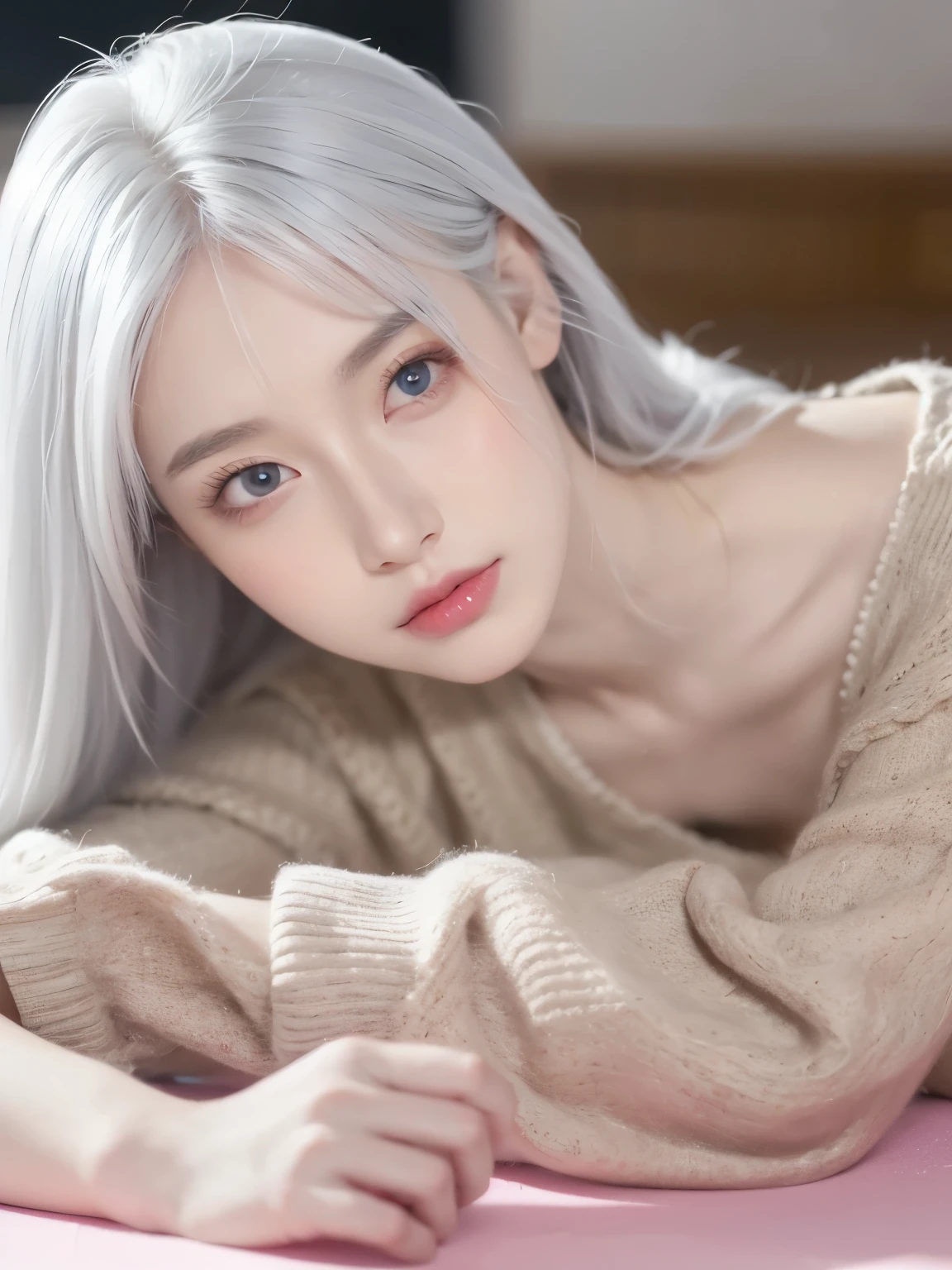 Become a girl with pink skin, pretty eyes (red eyes) as deep as the night sky, Half sad face lying on the table, gray hair, looking at you, with animation/semi-realistic art style