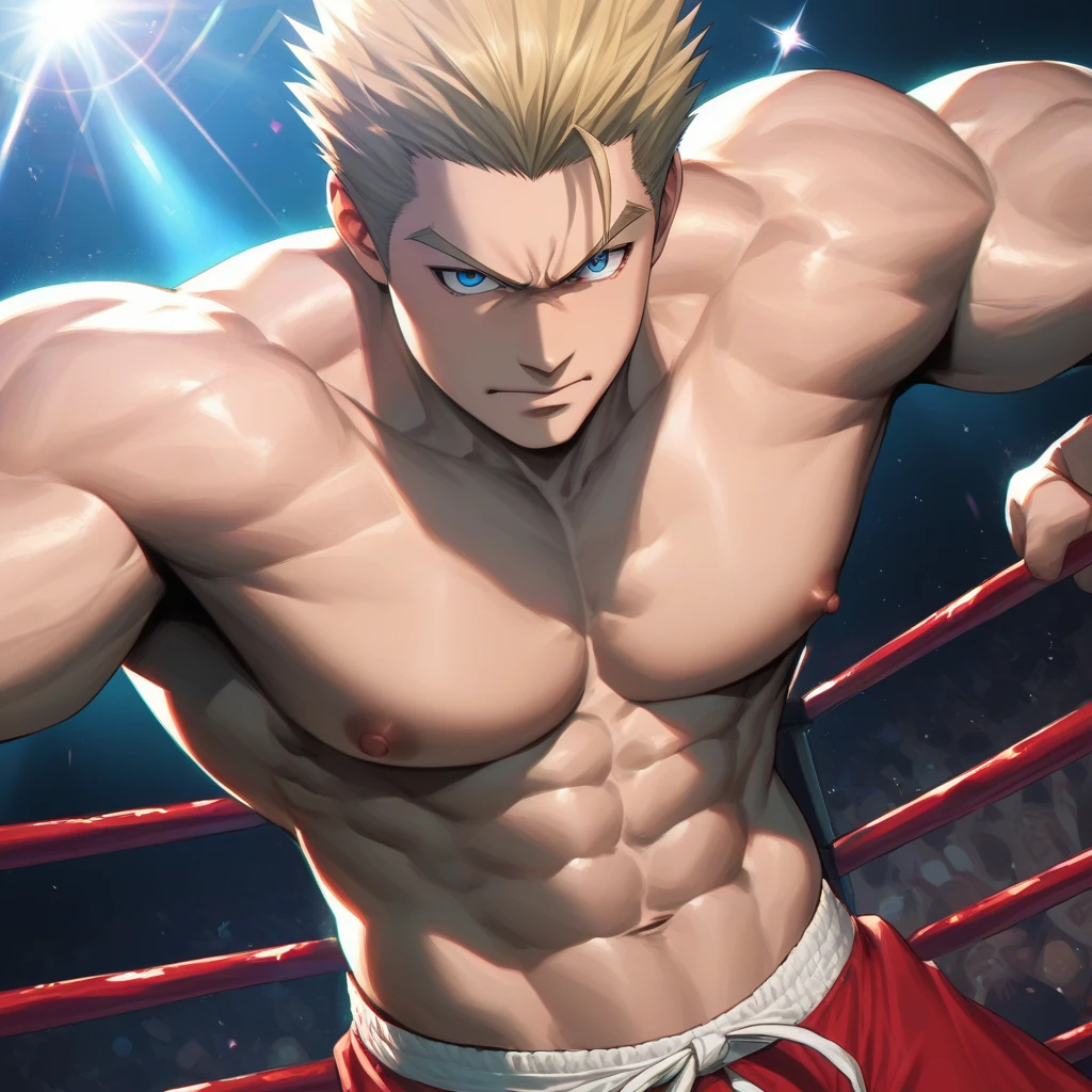 score_9, score_8_up, score_7_up, source_anime, score_6_up, score_5_up, score_4_up, BREAK 1guy, heavy weight muscular, black wrestling bikini, solo, topless, blonde, fighting stance, hollywood action, masculine handsome guy, tsurime, sanpaku, blue eyes, spiked hair, nipples, abs, male high ratio body proportions, dramatic expression, dutch angle, on wrestling ring, thick waist, stocky waist, slighty chubby, muscular plump, 1990s, cinematic shadows, cinematic lighting, lens flare, light leaks, VHS Quality