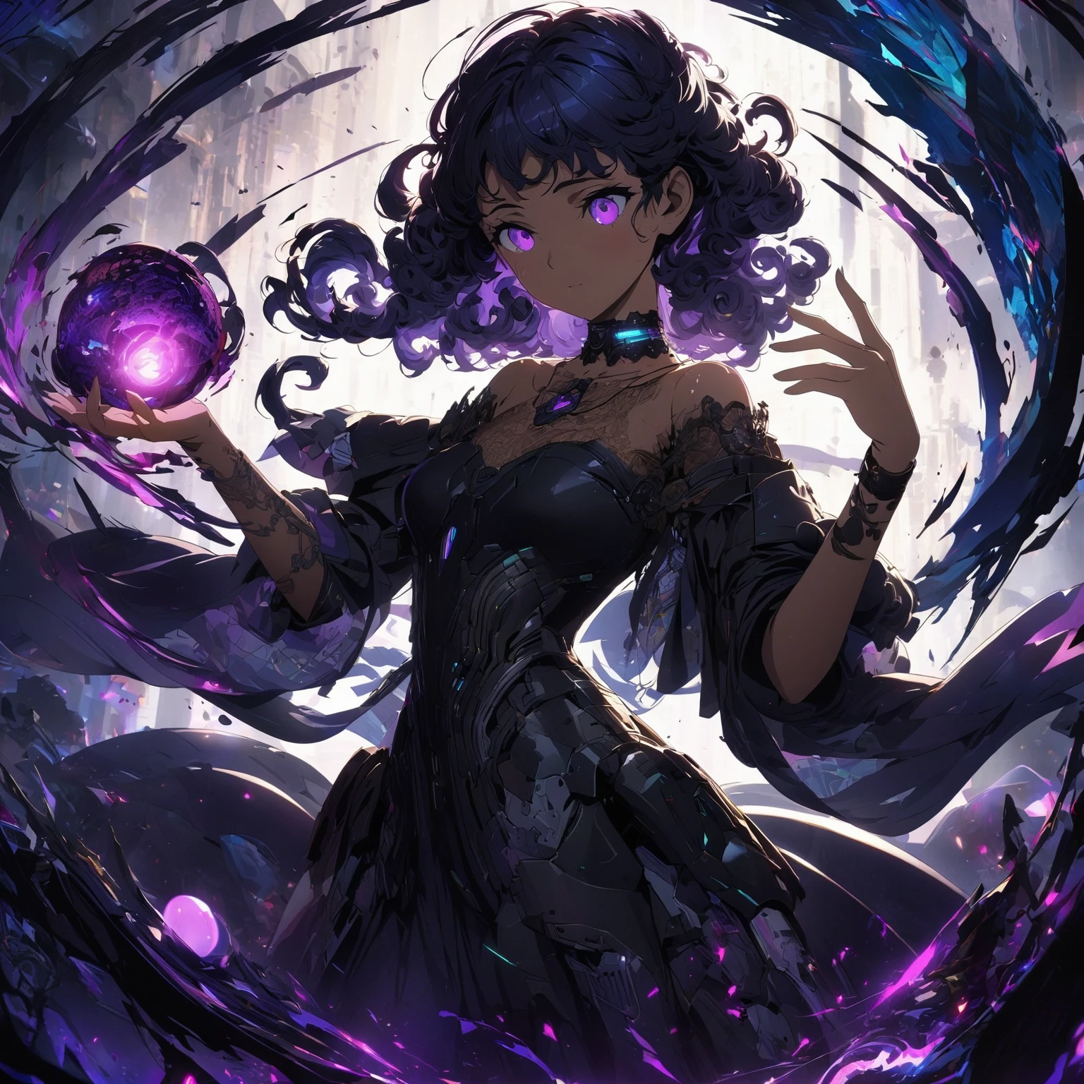 A young woman with dark, curly hair, wearing a black, off-shoulder dress with lace and intricate details, outfit combines elements of cyberpunk, and sci-fi fashion, mechanical details, and hard armor,(nude:0.9), a choker necklace, standing in a mysterious environment with a glowing, swirling purple and black aura, holding a glowing purple orb in her left hand, with energy swirling around her, casting dramatic shadows, and a soft backlight illuminating her figure, detailed gorgeous face| anime style| key visual| intricate detail| highly detailed| breathtaking| vibrant| panoramic| cinematic| Carne Griffiths| Conrad Roset| gibbli 8k