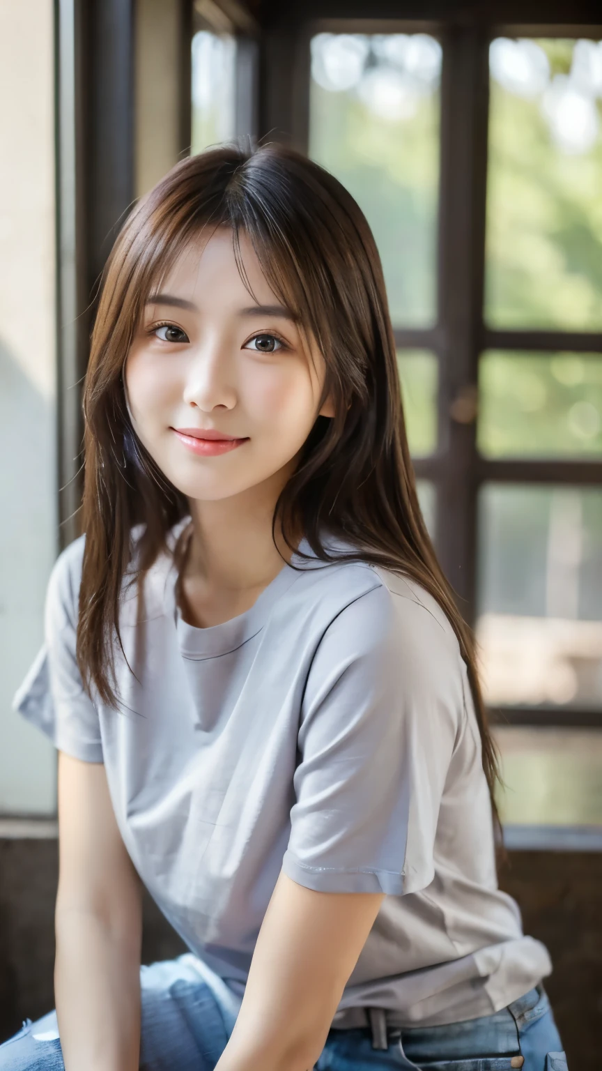 Japan Girl,beautiful girlfriend,a beauty,Raw foto,8K,morning sun lighting,Gray T-shirt and jeans miniskirt,Smooth long hair,A dark-haired,A detailed face,Detailed skin,Detailed eyes,(Slim body:1.3), girl in,About 23 years old,smile,