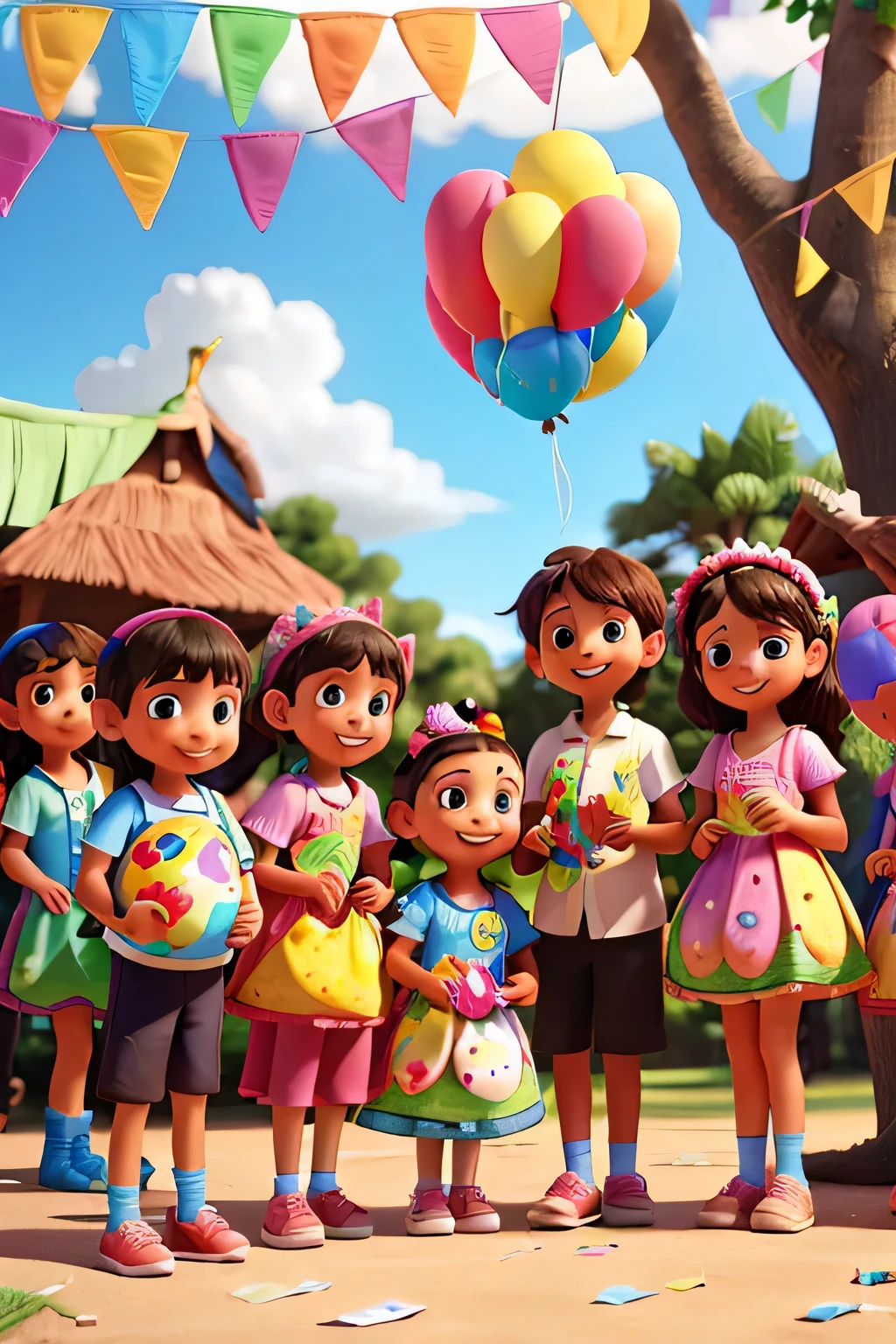 10 very happy children on a birthday collecting a painted hen piñata from which sweets come out 