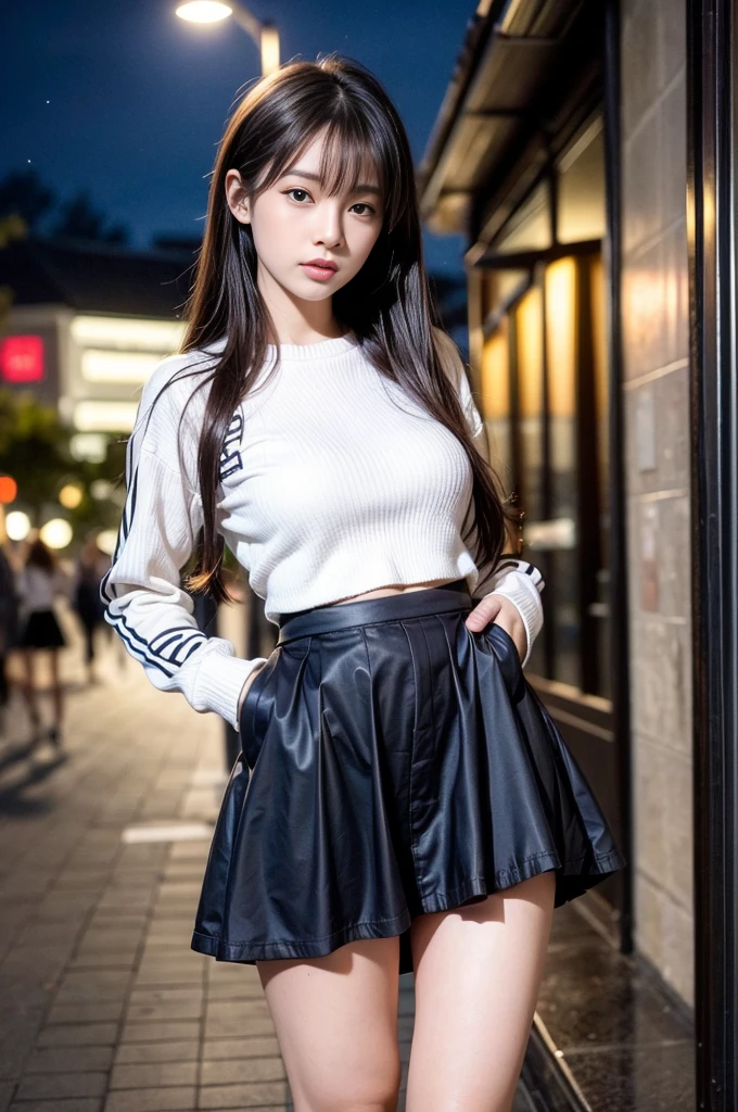 1 woman、(very beautiful)、(beautiful face:1.5)、(stand:1.4)、(Shot from the knee)、(detailed face:1.5)、(eye for detail:1.2)、(detailed lips:1.2)、(detailed nose:1.2)、(Lift up your skirt and expose your panties.:1.8)、(high school :1.5)、(plaid skirt:1.3)、(White transparent panties:1.5)、(school sweater)、(assembly:1.1)、(bare legs)、(brown hair)、(Sidewalk in Shibuya)、(In SFW:1.7)、(night:1.4)