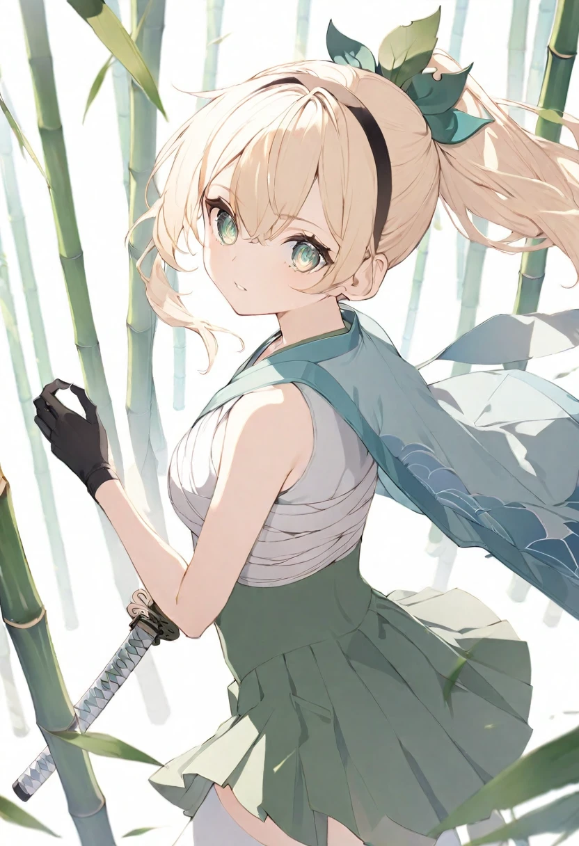 (muste piece), (best quality), (score_9, score_8_up, score_7_up), very detailed eyes, expressive eyes, perfect face, very detailed face, highly detailed face, beautiful girl, 8K, beautiful girl, white background, delicate and beautiful face and eyes, dark intense shadow,
1 girl, vtuber style, cool girl, hololive, Kazama Iroha, blond hair, hair ornament, hairband, sarashi, haori, covered navel, black gloves, pleated skirt, green skirt, white thighhighs, green eyes, sharp gaze, holding katana, bamboo forest, bamboo leaves falling, Soft sunshine, (full body), from back, looking forward,