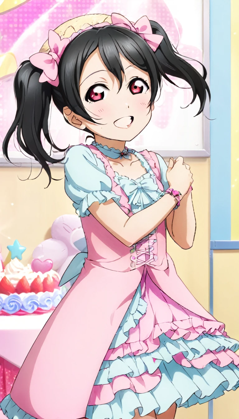 Describe a scene featuring Nico Yazawa from "Love Live!" She has black twin-tails, pink eyes, and is wearing a frilly pink dress. She's standing next to a large birthday cake, looking happy and smiling. The room is filled with idol posters, and there is a big stuffed toy nearby，
One girl, Highest quality, Decorative art, far and near method, 