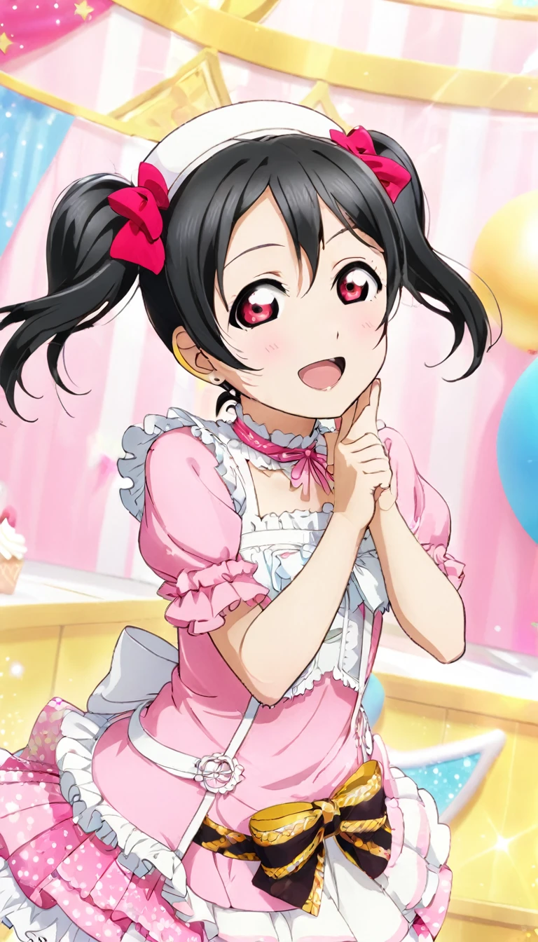 Describe a scene featuring Nico Yazawa from "Love Live!" She has black twin-tails, pink eyes, and is wearing a frilly pink dress. She's standing next to a large birthday cake, looking happy and smiling. The room is filled with idol posters, and there is a big stuffed toy nearby，
One girl, Highest quality, Decorative art, far and near method, 