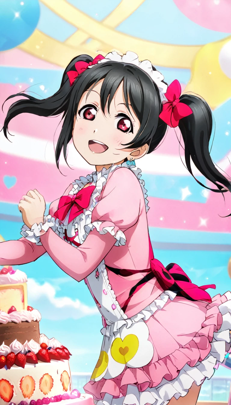 Describe a scene featuring Nico Yazawa from "Love Live!" She has black twin-tails, pink eyes, and is wearing a frilly pink dress. She's standing next to a large birthday cake, looking happy and smiling. The room is filled with idol posters, and there is a big stuffed toy nearby，
One girl, Highest quality, Decorative art, far and near method, 