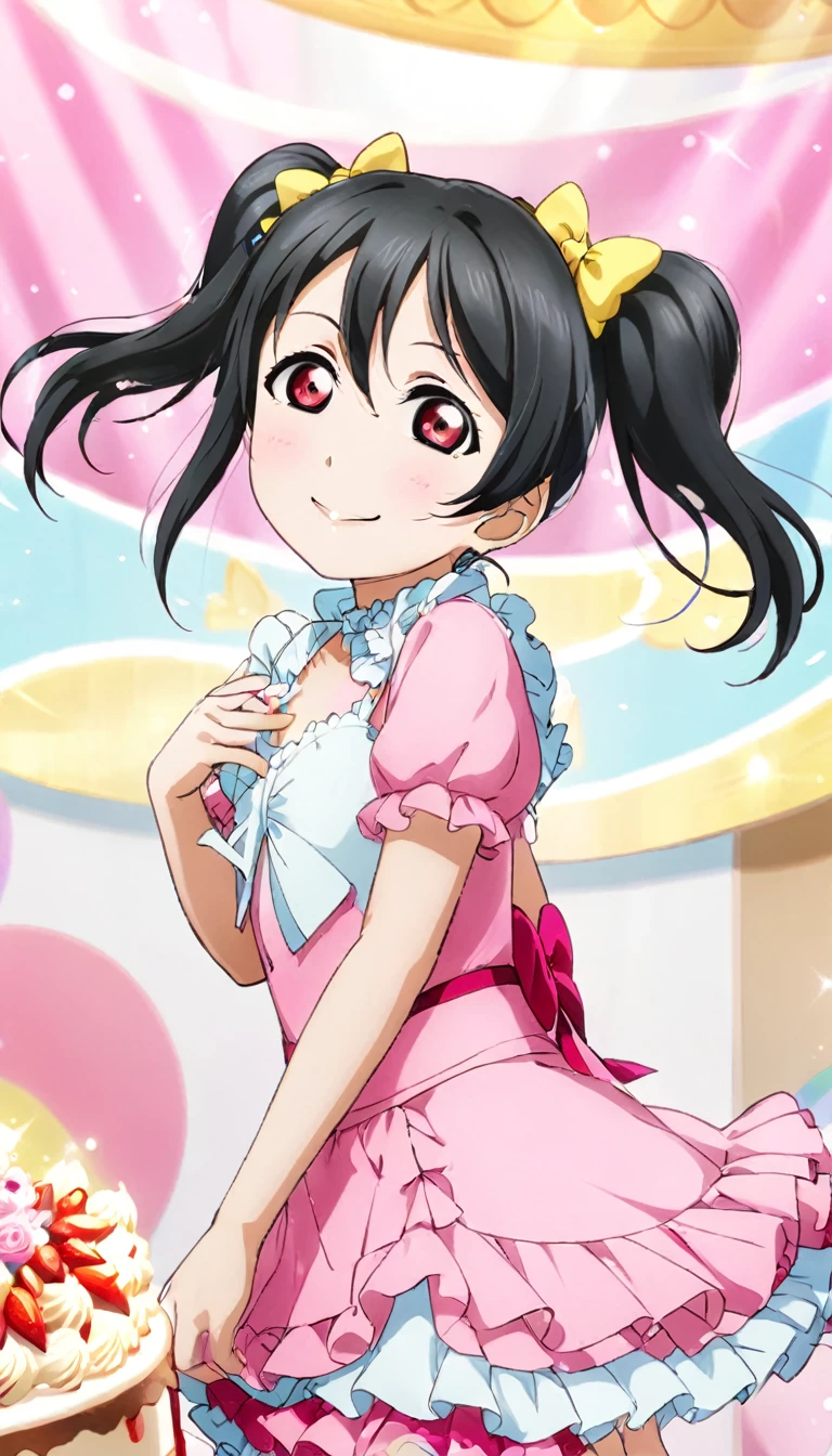 Describe a scene featuring Nico Yazawa from "Love Live!" She has black twin-tails, pink eyes, and is wearing a frilly pink dress. She's standing next to a large birthday cake, looking happy and smiling. The room is filled with idol posters, and there is a big stuffed toy nearby，
One girl, Highest quality, Decorative art, far and near method, 